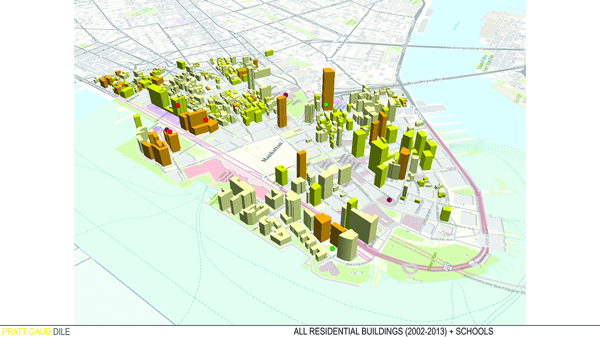 A CAD render of Manhattan with detailed 3D models of buildings in the area.