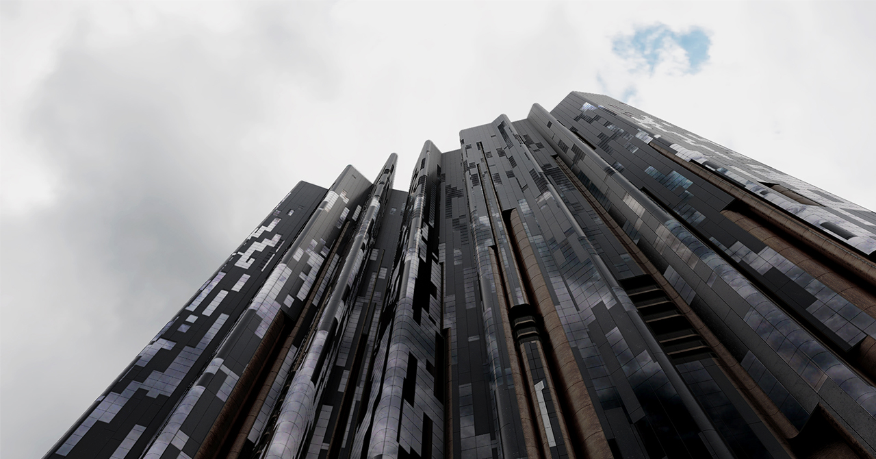 view of skyscraper, from ground