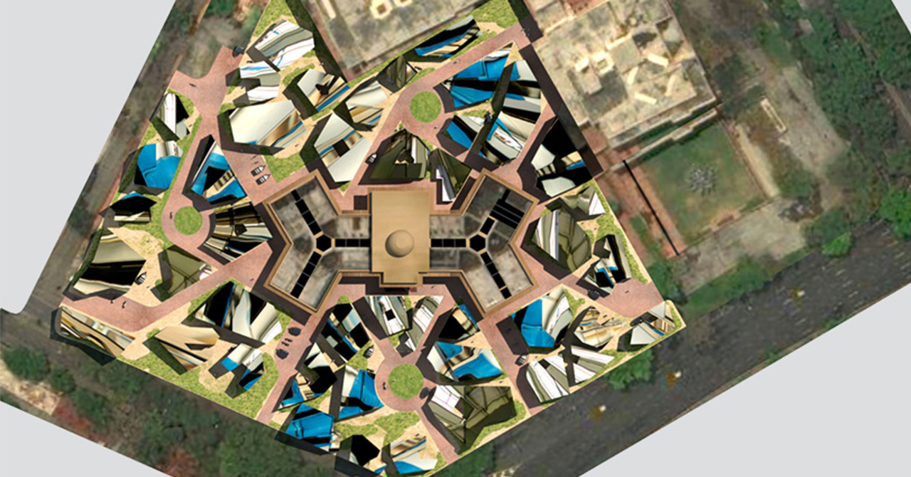 multi-colored physical architectural model, resembles aerial view of train set