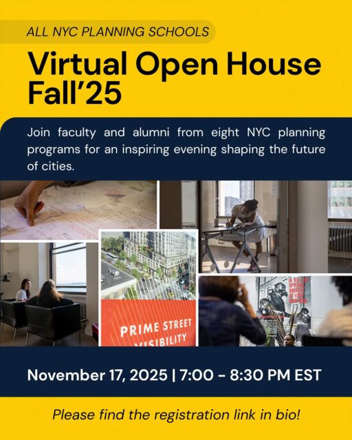 Are you passionate about making cities more livable, equitable, and sustainable? Do you want to create healthy spaces for people of all generations and backgrounds? Do you want to help decarbonize cities and help them adapt to a changing climate? Are you concerned about congestion, gentrification, displacement, and the lack of affordable housing?

Consider a field that starts with people and unites policy, design, economics, environment, and society: Urban Planning! Planning students learn how and why cities function, strategies to transform cities, and skills like design software, economic modeling, and facilitation. Develop your career in government, the private sector, or with non-government agencies helping communities in the U.S. or abroad.

New York City can become your classroom! Join us for an open house bringing together all eight planning programs in the New York City region. Get inspired by alumni working in the field, and hear from program directors about what makes their programs unique. Begin your search here, then attend a future information session to find your best fit.

🔗 Yes, tell me more & reserve my spot! 👉 https://tiny.pratt.edu/N6UGeb1Wn

#UrbanPlanning #GradSchool #NYC #OpenHouse
