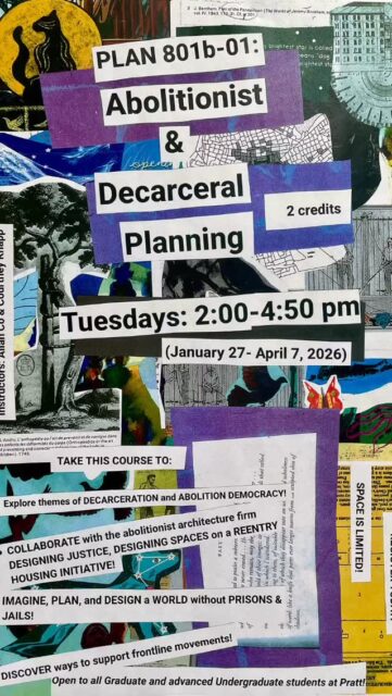 Space is limited! Sign up now for a once in a lifetime learning experience!  01: Credit: Courtney Knapp

02: Students in front of the Frederick Douglass Monument in Rochester, NY. (Credit: Courtney Knapp)

 
03: DJDS staff members Allan Co and Shelley Davis Roberts worked with alums Becca Abellera, and Noah Miller to assemble a prototype at the Pratt Institute. (Credit: Courtney Knapp and Jen Potter) [Two different versions of the graphic. One is arranged by time, the other by look.]

04: Students stop at the construction site of the Brooklyn Detention Center during an Abolitionist Walking Tour led by Courtney Knapp. (Credit: Emily Ahn Levy)

05: Students during a spring break trip in upstate NY for the Abolitionist and Decarceral Planning course: (top to bottom) Harriet Tubman’s home, Harriet Tubman’s gravesite, the Alliance for Family Justice offices. (Credit: Courtney Knapp)