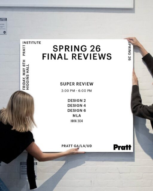 SPRING ‘26 SUPER REVIEW

This Spring, students will present their studio projects in relation to canonical essays in Architecture and Landscape Architecture. Presentations will foreground the discursive dimensions of the work, not as a recapitulation of the public review, but as a way of responding to major ideas in the contemporary field. Discussion will ensue, with the goal of articulating how our studios advance or respond to the writing under examination. 

Design 2 

Moderator: Gökhan Kodalak.

Rem Koolhaas. “Typical Plan,” in S,M,L,XL: Small, Medium, Large, Extra-Large. Monacelli Press, 1995. Pp 335 - 353.

Gökhan Kodalak. “Notes on Three Formative Dimensions of Architecture:
Interiority, Anteriority, and Exteriority.” 2026.

Design 4

Moderator: Clelia Pozzi

Essay: Robert Venturi, Denise Scott Brown, Steven Isenour. “Ugly and Ordinary Architecture, or the Decorated Shed,” in Learning from Las Vegas: The Forgotten Symbolism of Architectural Form. MIT Press, 1977. Pp. 87-93.

MLA
Moderator: Mariel Collard Arias

Essay: Elizabeth K. Meyer “Sustaining Beauty: The Performance of Appearance.” Journal of Landscape Architecture, 3/1 2008. Pp  6 - 23.

Design 6

Moderator: Andrew Holder

Essay: Sylvia Lavin. “What Color Is It Now?” Perspecta vol. 35, 2004. Pp. 98-111.

@andrewjamesholder @marielilla

#PrattGALAUD #PrattSOA #SuperReview #PrattMArch #PrattMLA