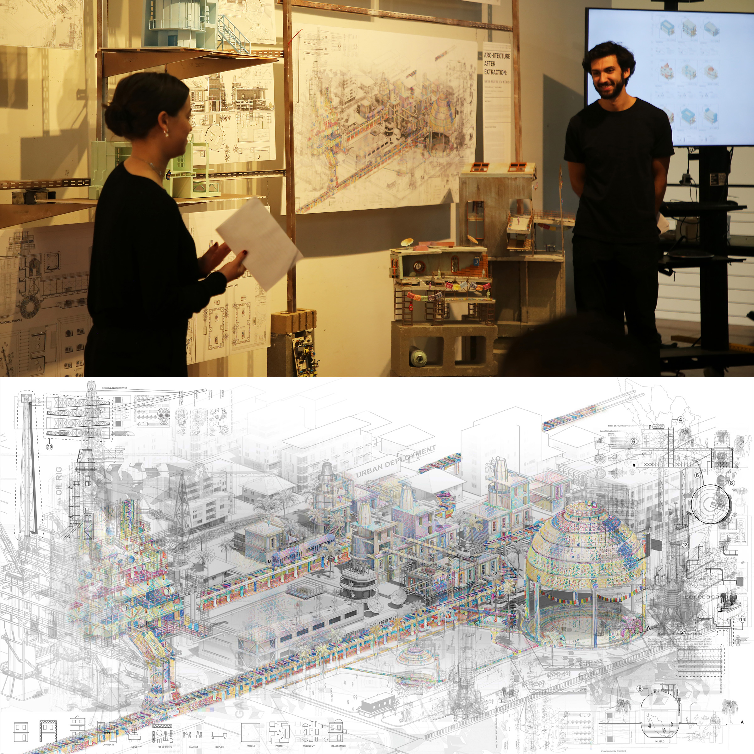 Two people stand on either side of architectural renderings and models. They are conversing with each other. Below the photograph is one of the renderings seen on the wall. It shows a complex structure of homes, walkways, trams, and public spaces.