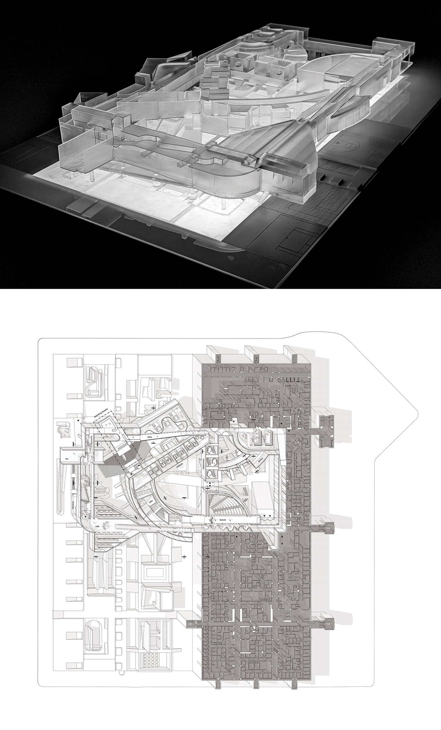 A diptych of two renderings of the same building. The top rendering is in 3D and shows the structure almost glowing. The second one is from above and shows the floorplan of the building.