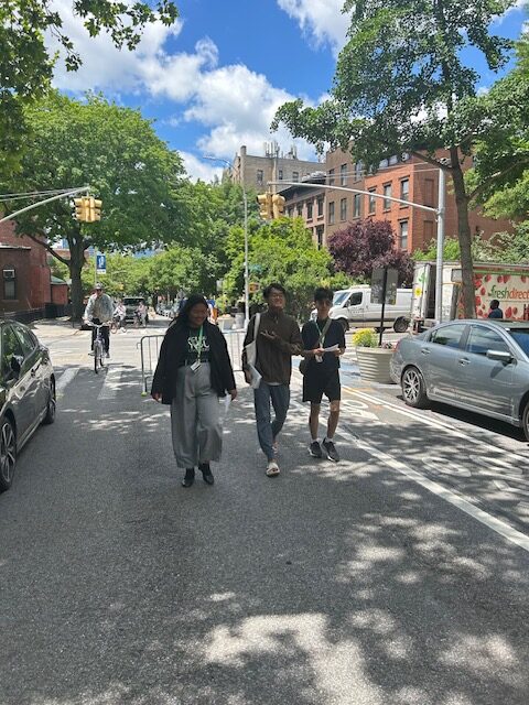 Three students walking down a tree-lined street with buildings in the background, casually talking.