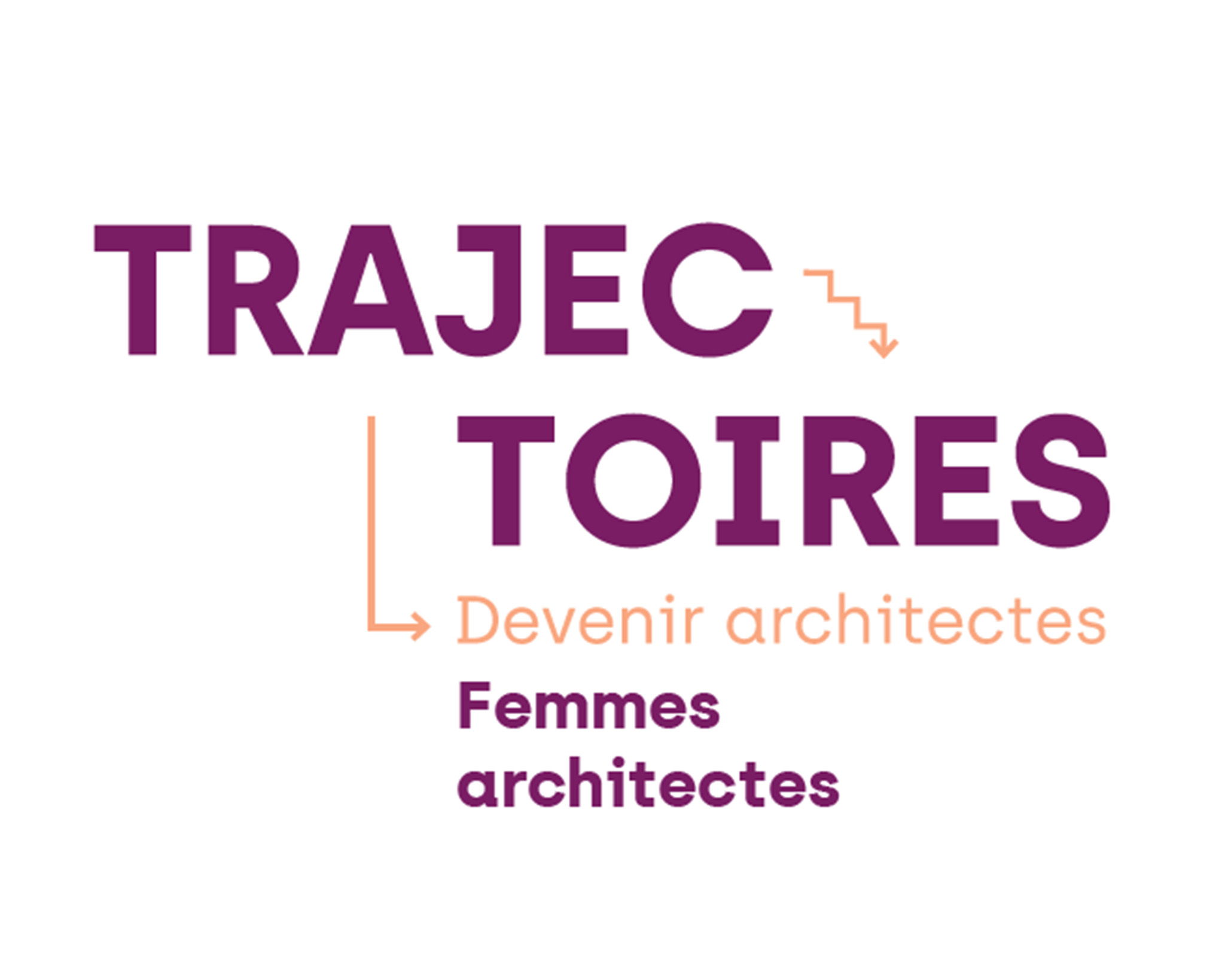 Logo with bold purple text reading 'TRAJEC TOIRES' and smaller orange and purple text underneath stating 'Devenir architectes' and 'Femmes architectes'. The design includes an orange arrow and a zigzag element