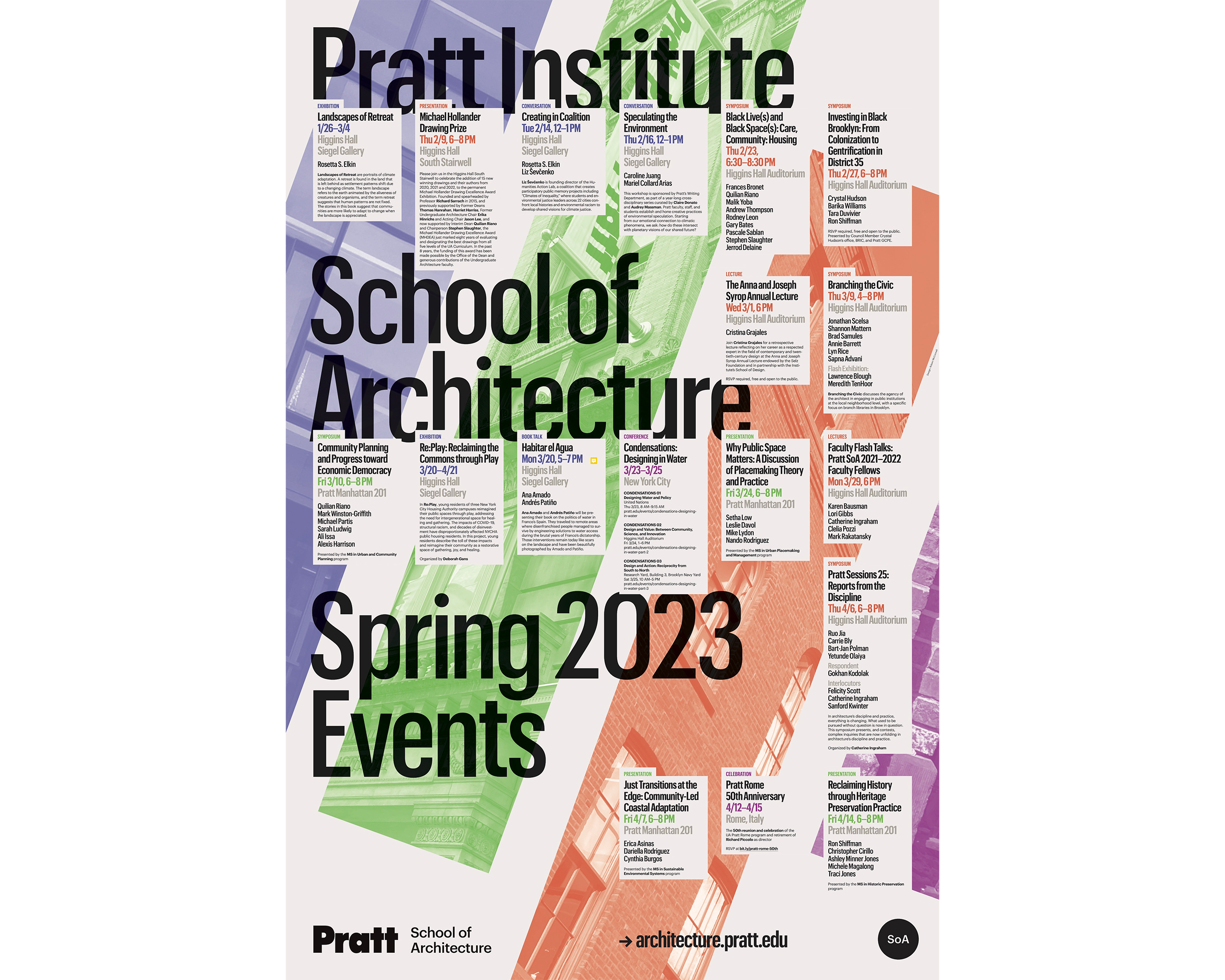 A vibrant poster for Pratt Institute's School of Architecture Spring 2023 events. The layout features large bold black text with