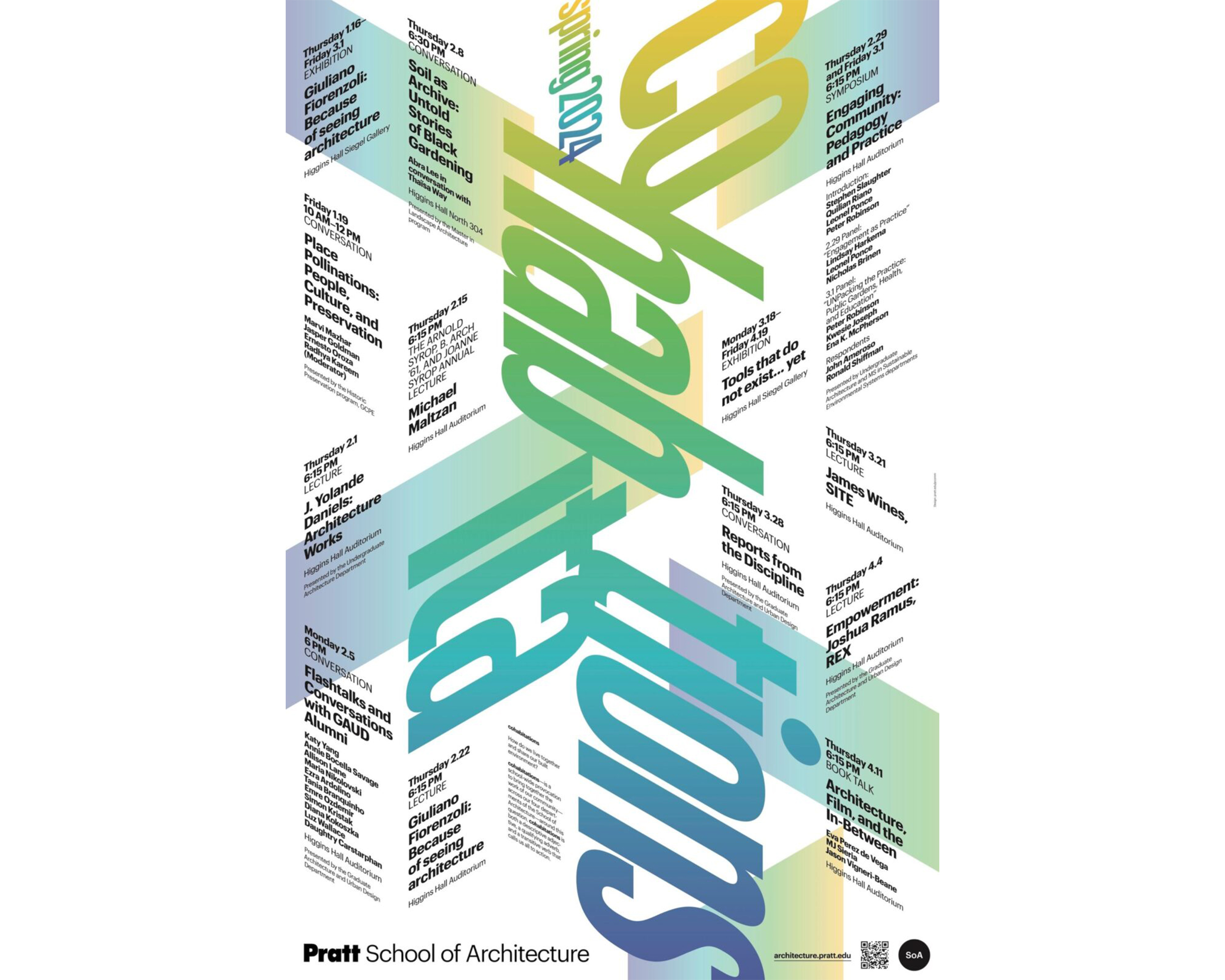 Pratt Institute School of Architecture Spring 2024 event poster. The design features a diagonal, gradient background blending soft shades of blue, green, yellow, and purple. The words 'Spring 2024' and 'cohabitations' are stylized in large, distorted text running down the center of the poster. Event details, which are described in the article, include dates, titles, and locations, are arranged in a grid-like format, with black text contrasting against the colorful background. The Pratt School of Architecture logo appears at the bottom, alongside a QR code and additional branding elements.
