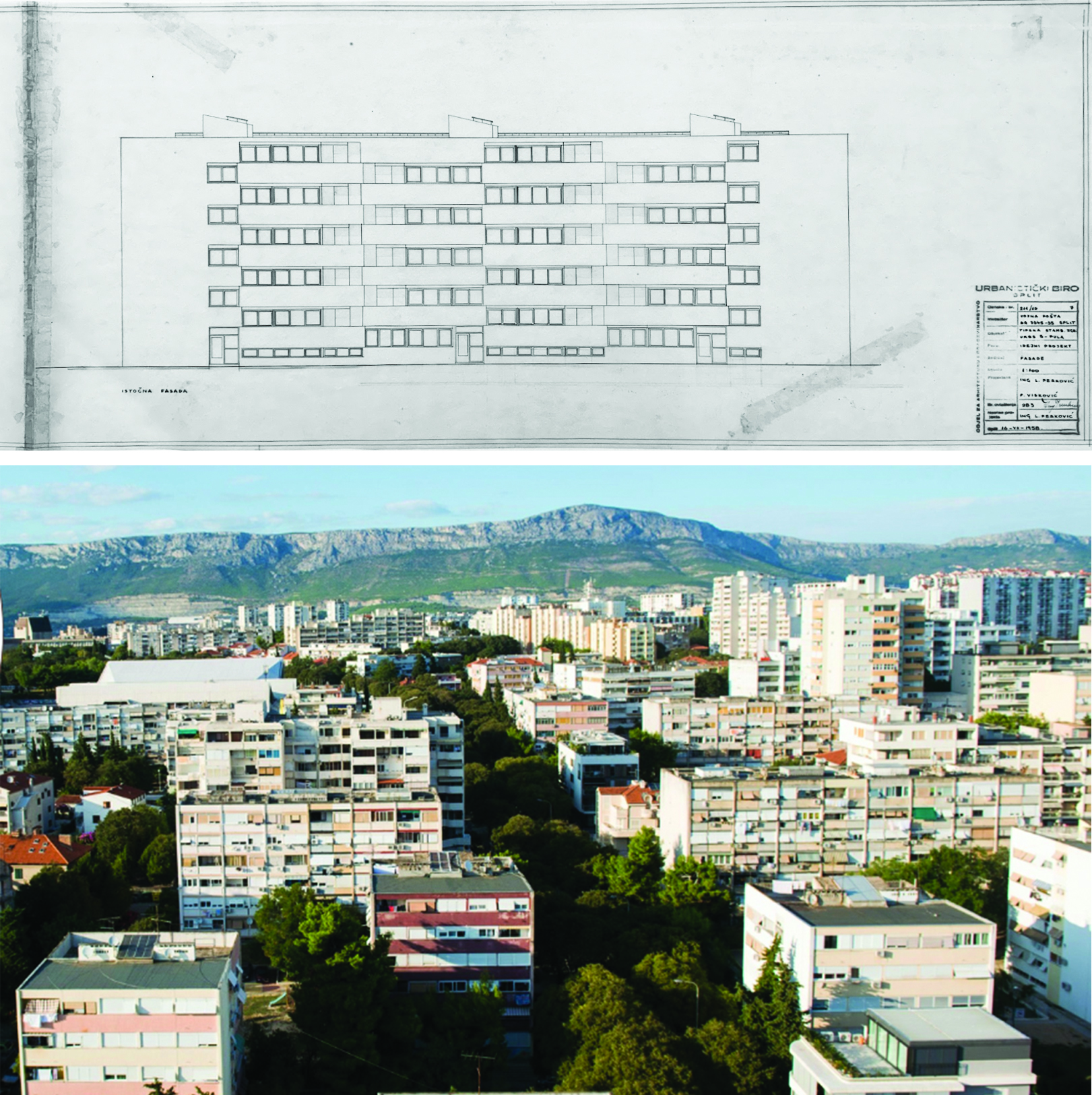 Top image is an architectural drawing of a multistory building. Bottom image is an aerial view of the Gripe neighborhood of Split, Yugoslavia featuring multiple buildings with mountains in the background.