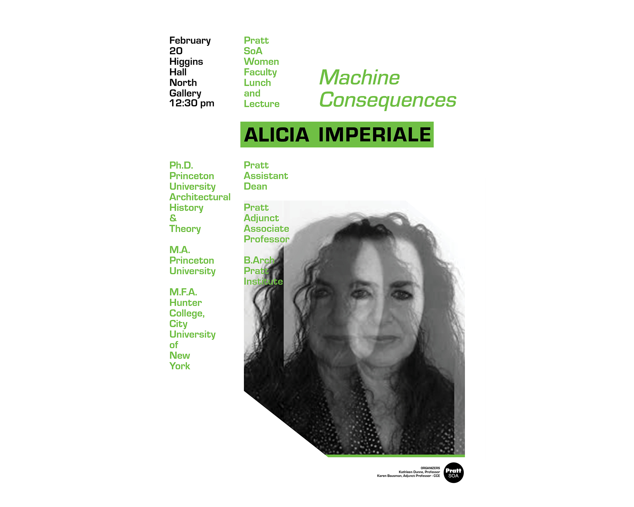 Poster for the Pratt SoA Women Faculty Lunch and Lecture featuring Alicia Imperiale, titled 