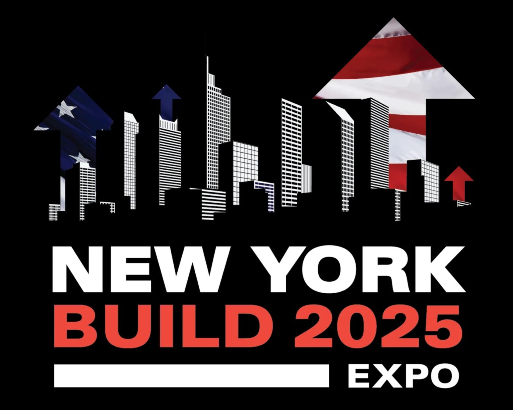 A city skyline silhouette with multiple skyscrapers, overlaid with upward-pointing arrows that resemble the American flag. Below the skyline, bold text reads 