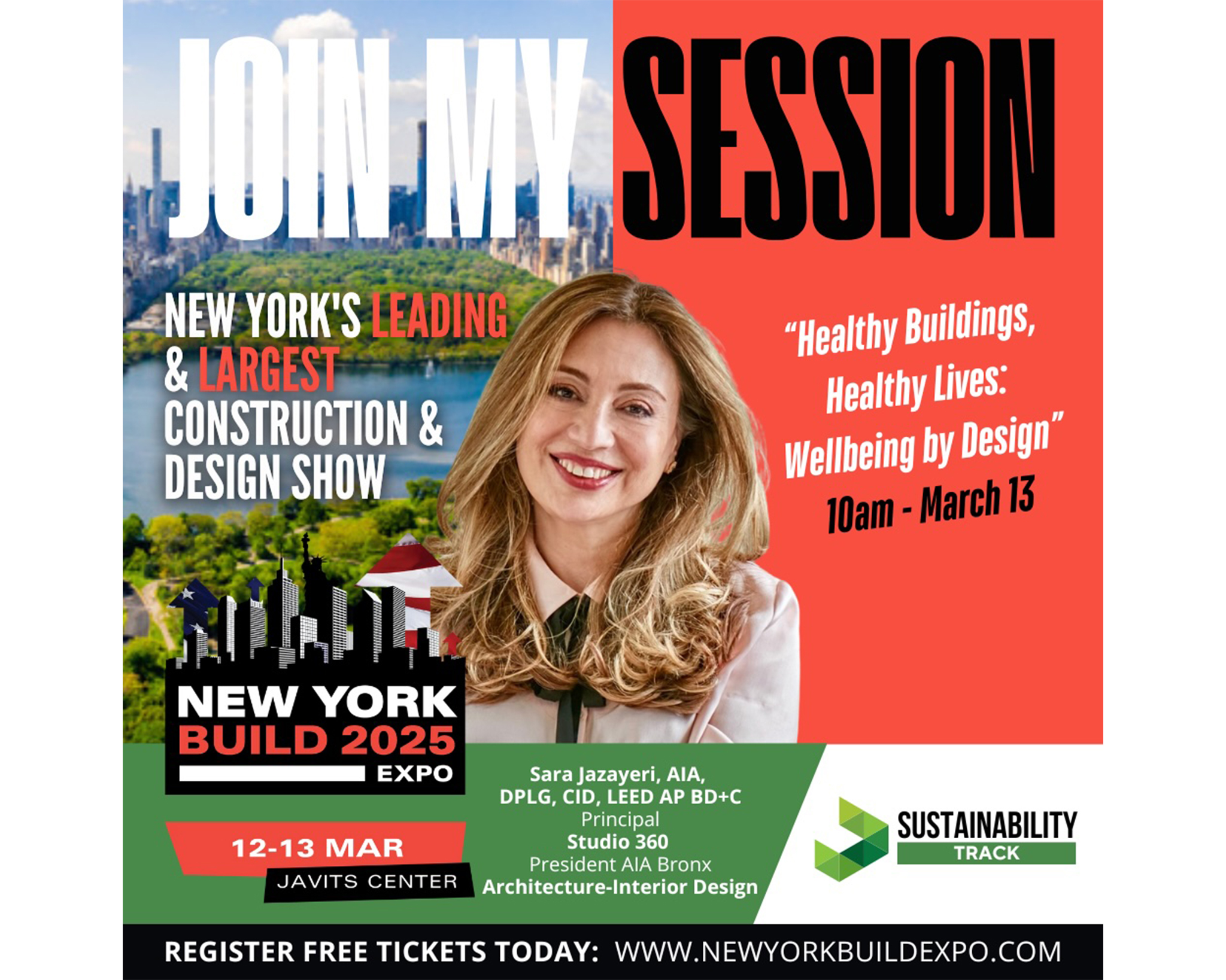 A promotional banner for the New York Build 2025 Expo, featuring Sara Jazayeri, announcing her session titled 