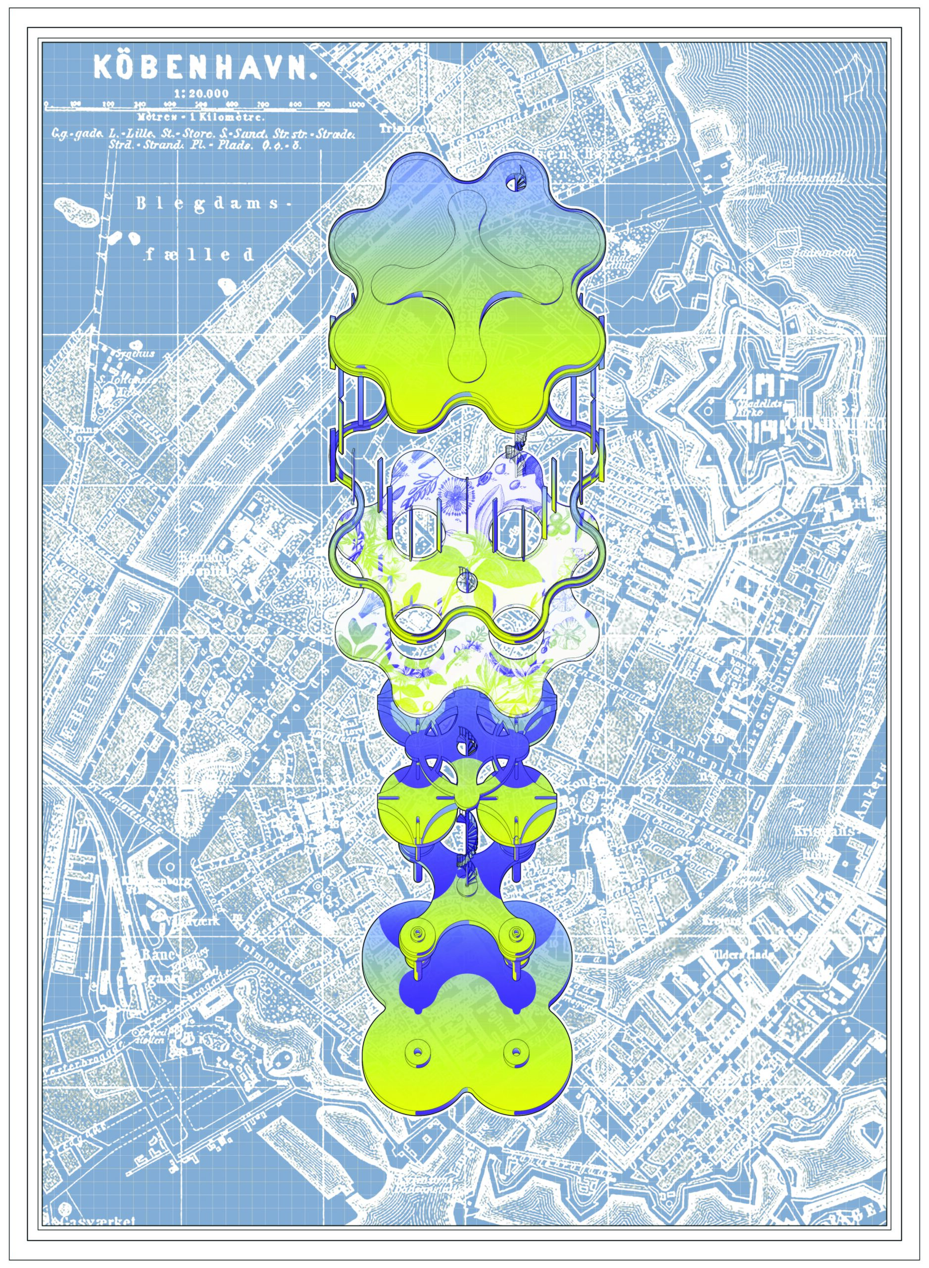 Colorful vertical architectural structure composed of organic, layered forms overlaid on a vintage map of Copenhagen with a grid and topographic details.