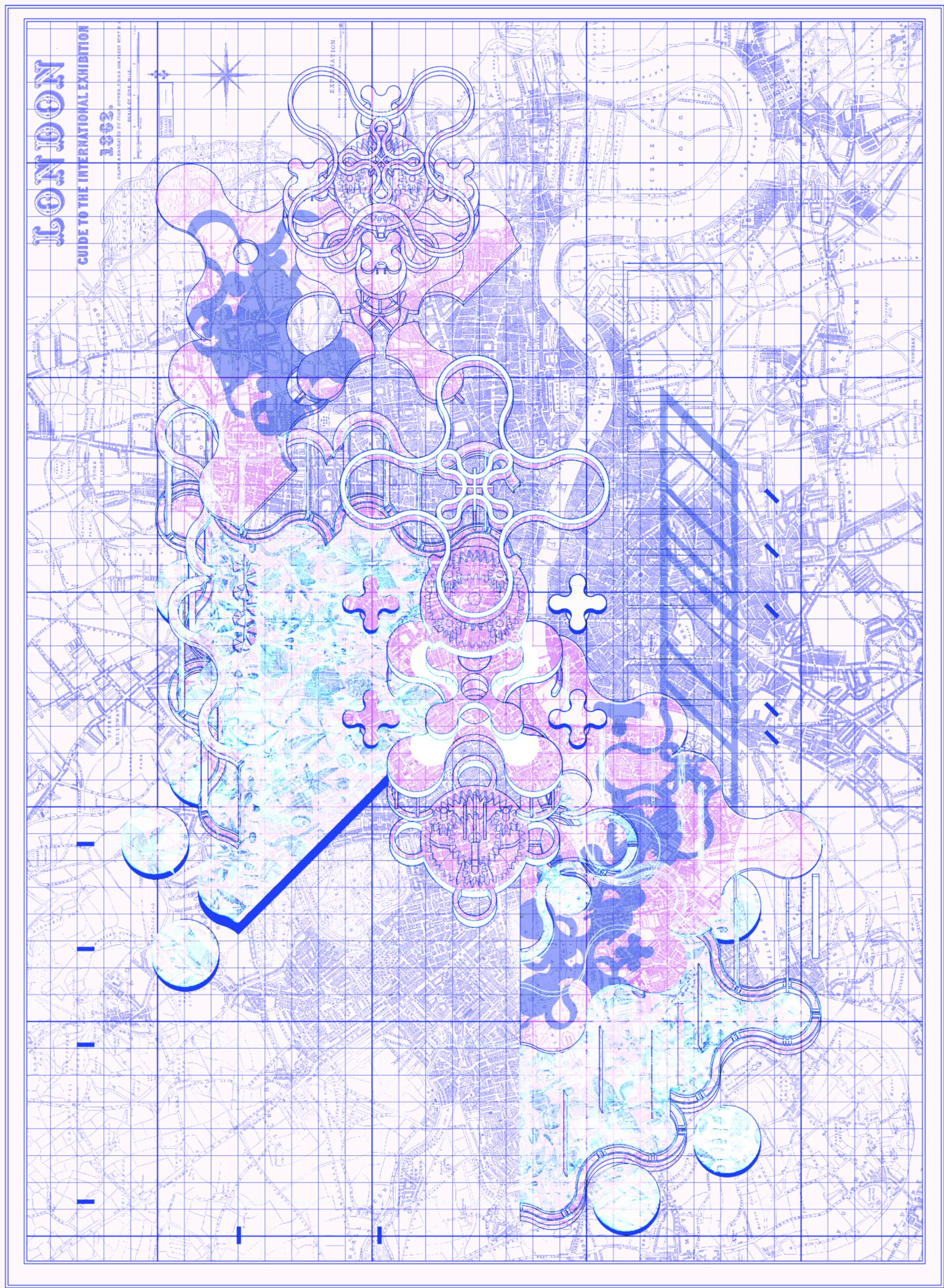 Colorful vertical architectural structure composed of organic, layered forms overlaid on a vintage map of London with a grid and topographic details.