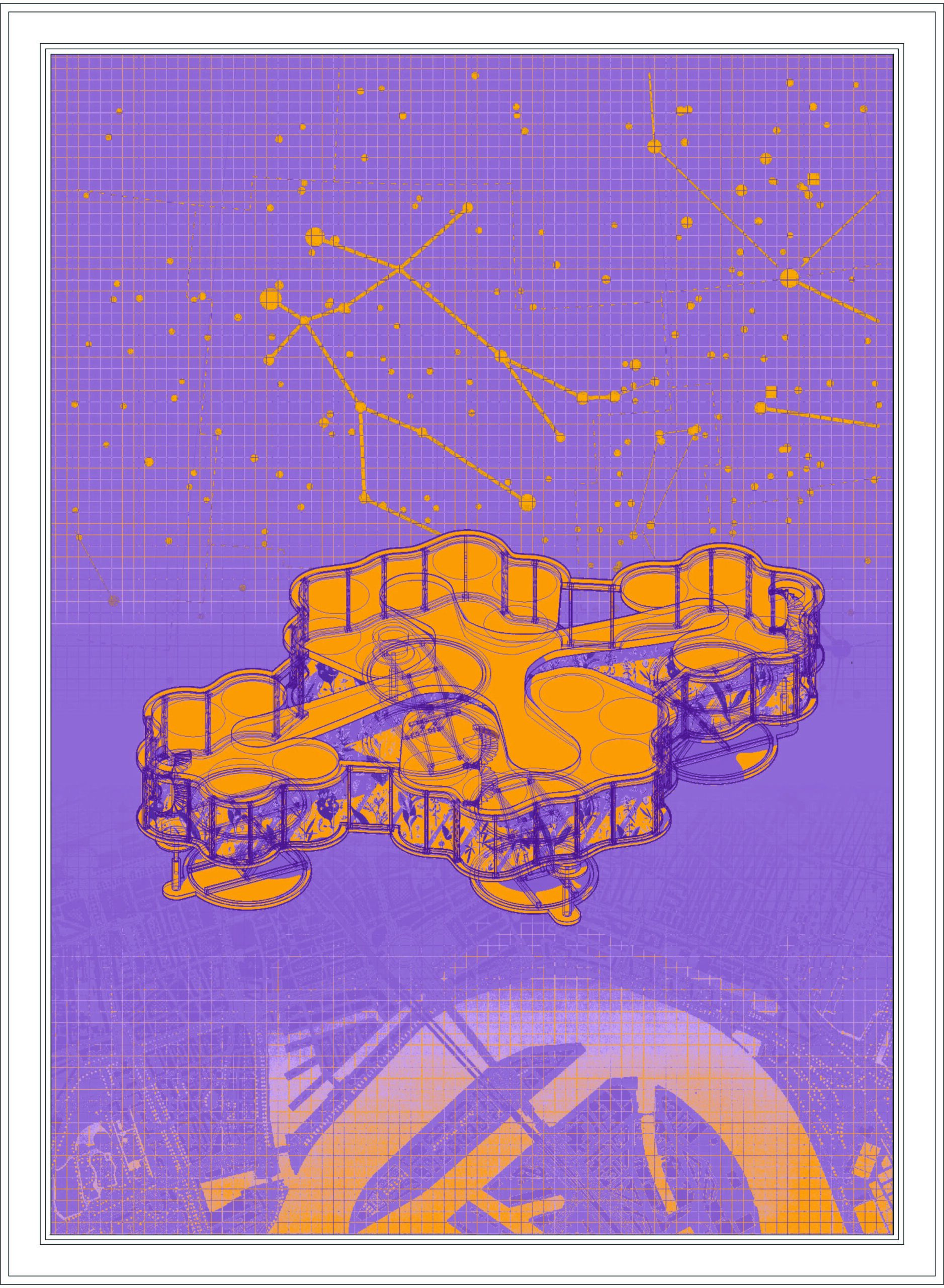 Colorful vertical architectural structure composed of organic, layered forms overlaid on a vintage map of Rotterdam with a grid and topographic details.