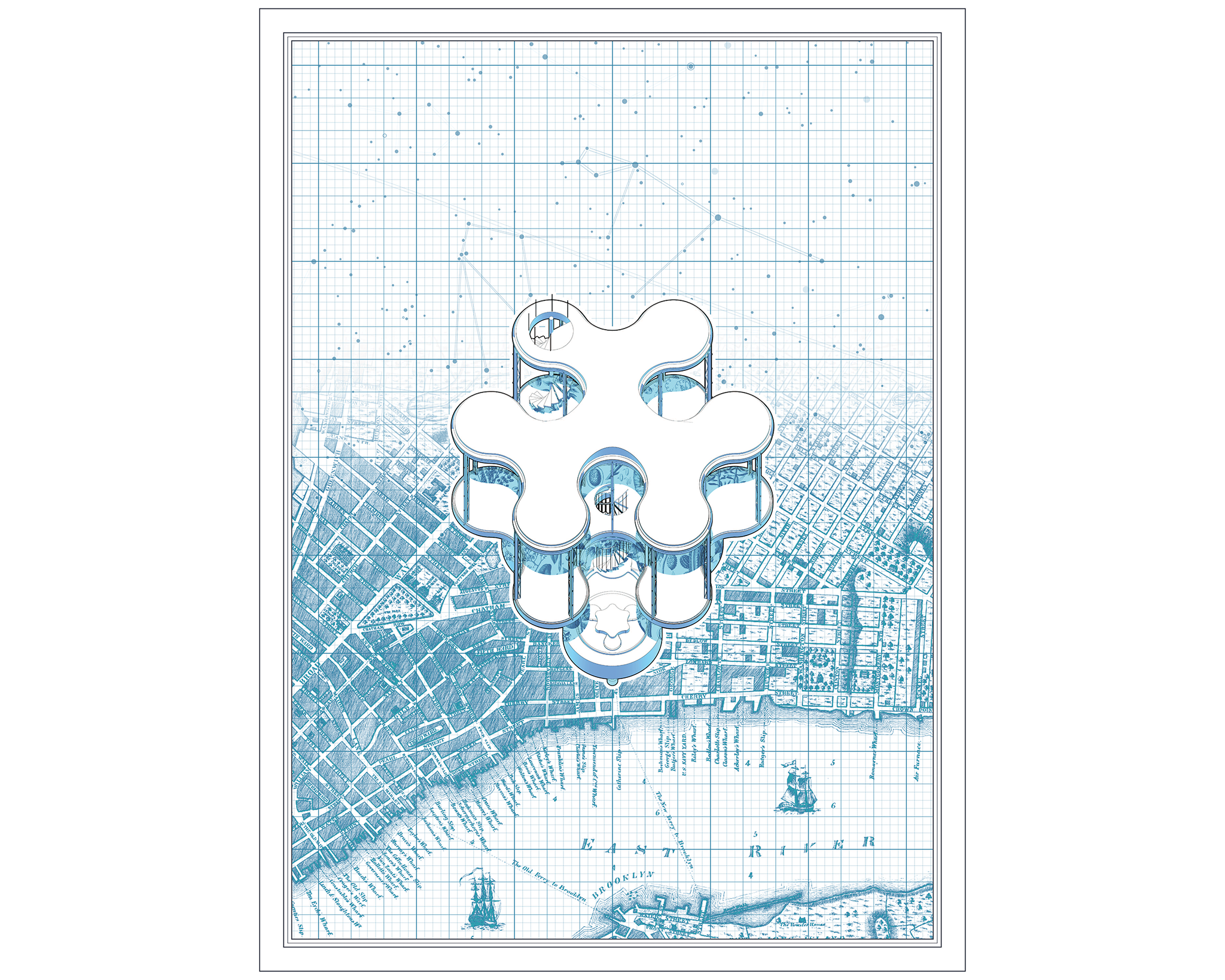Architectural illustration featuring a futuristic, cloud-shaped structure superimposed over a vintage map of New York City with a celestial grid overlay.