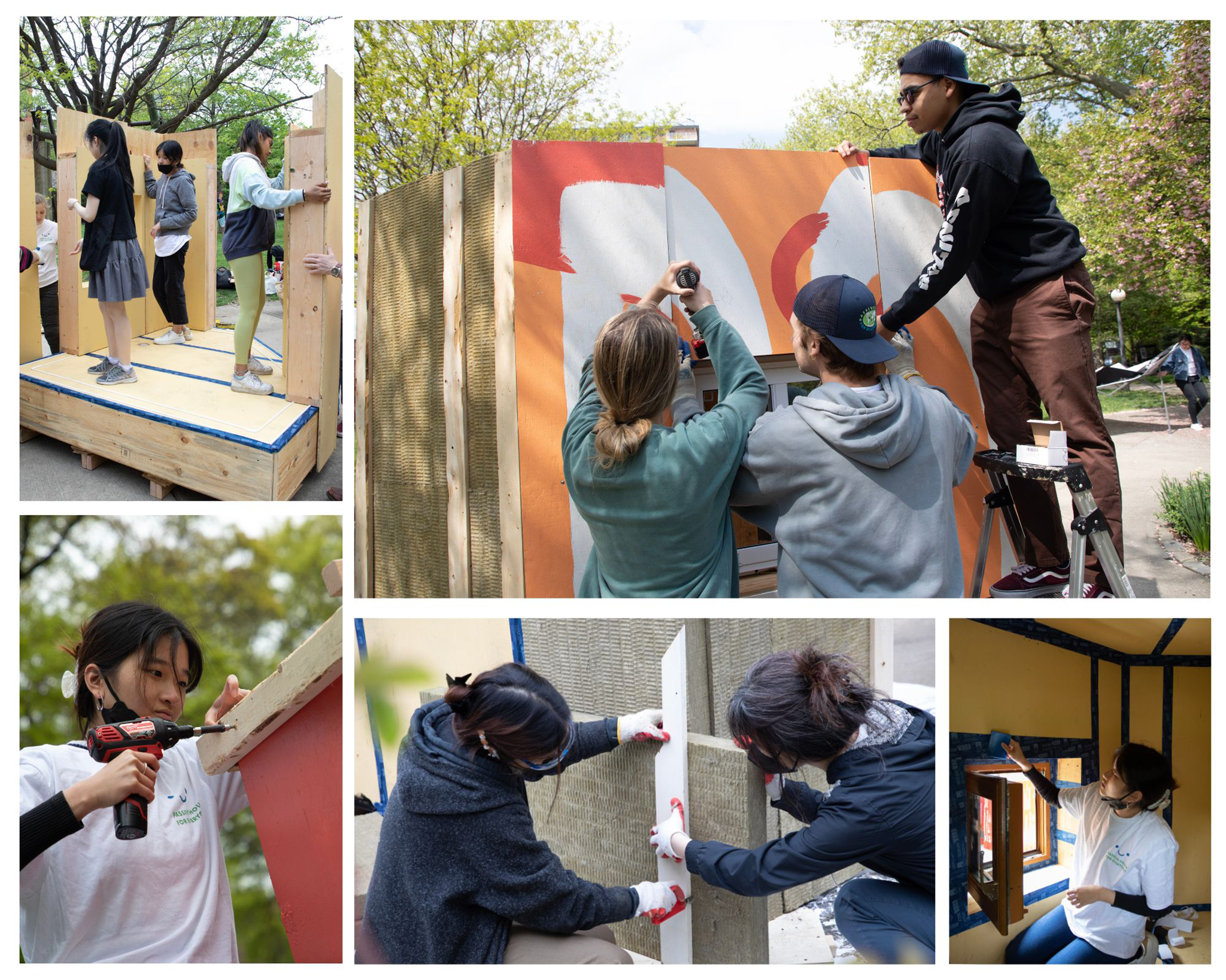 A collage of students engaged in hands-on construction of a modular structure. Starting from the bottom left and moving clockwise: 1) a student using a drill, 2) a group of students positioning modular wall panels, 3) students attaching painted panels to the exterior, 4) a student applying blue air sealing tape inside the structure, 5) students measuring and fitting insulation panels.