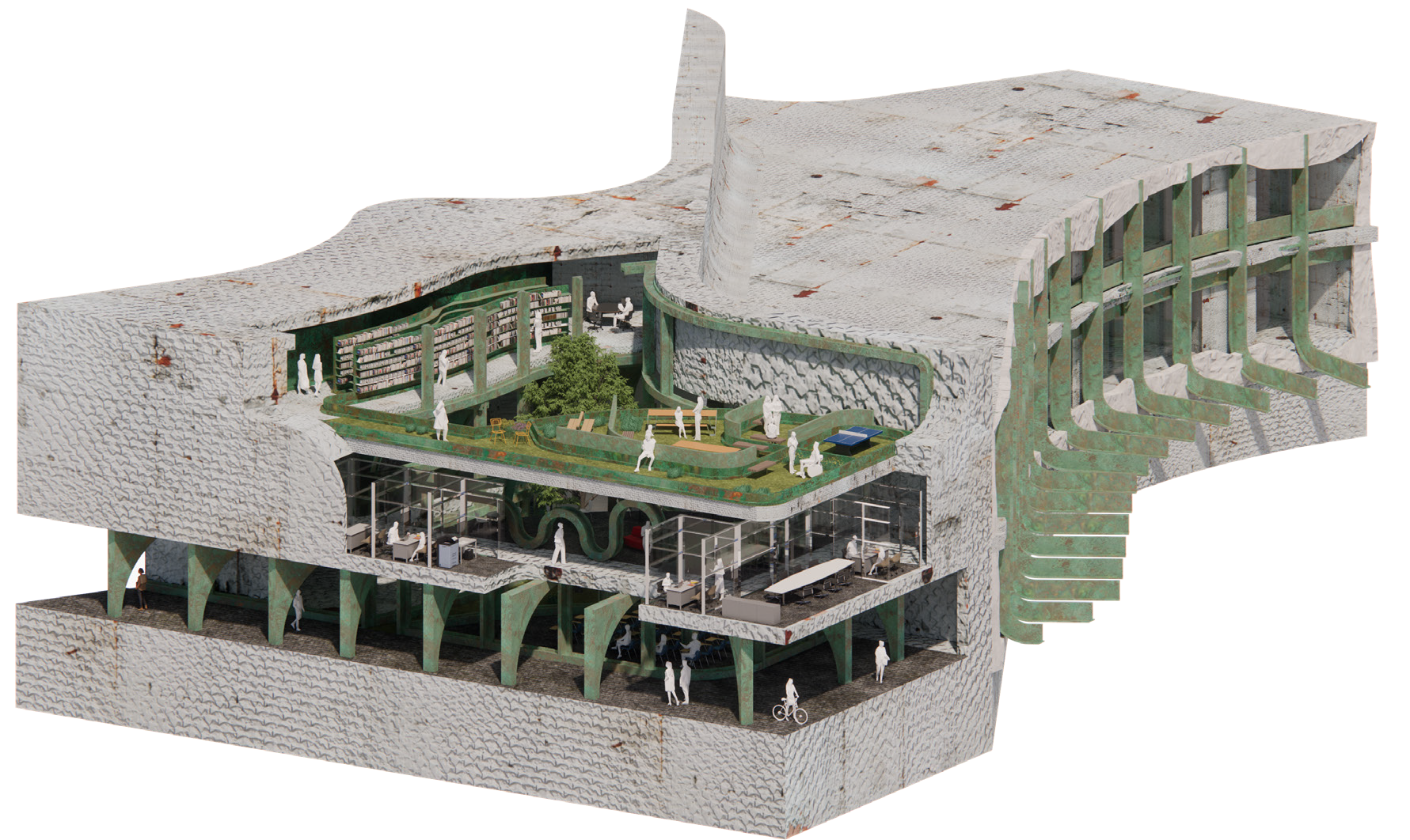 Digital Chunk of Redhook Middle School that shows interior, library, entrance and materiality.