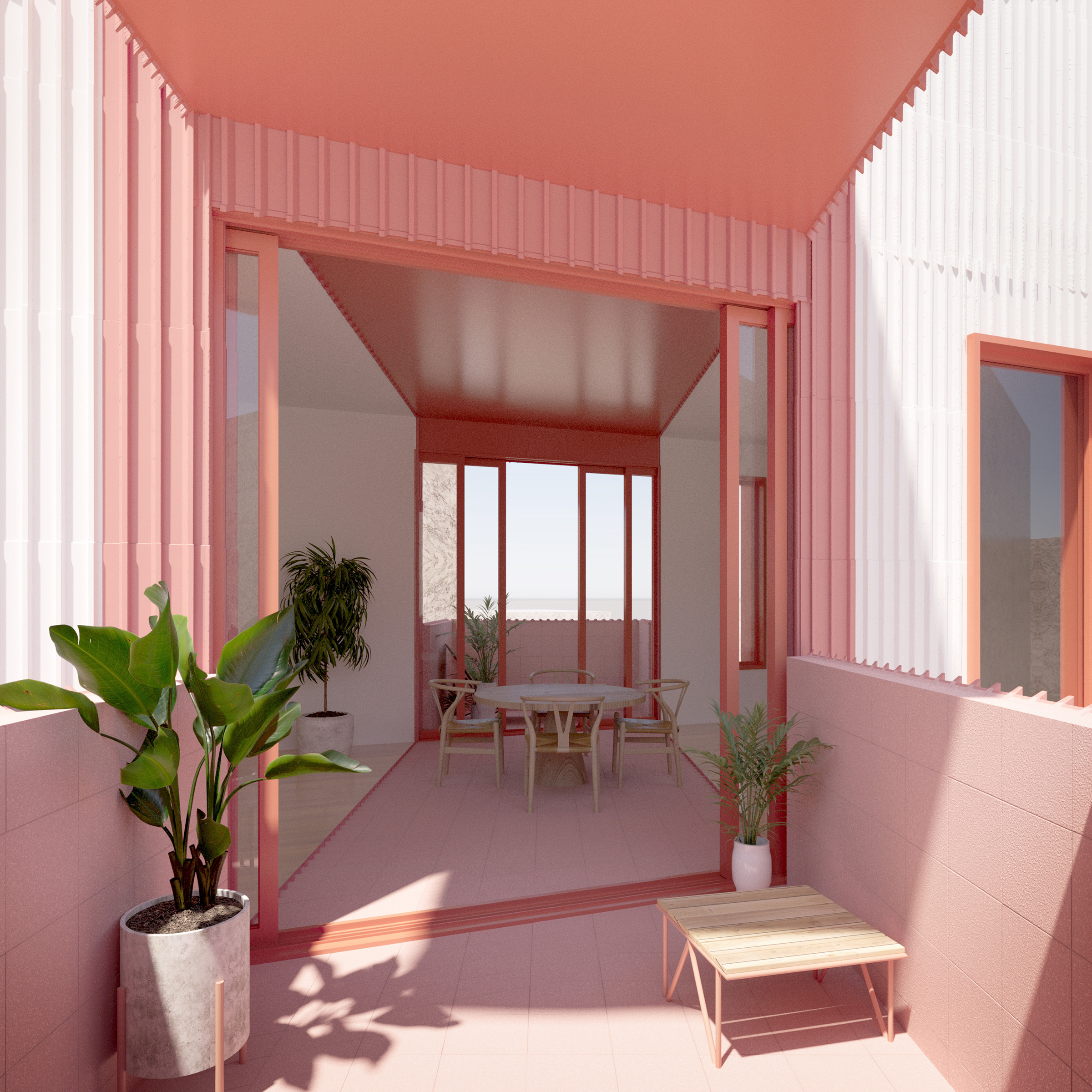 a rendered view of a balcony space looking through a shared living space.