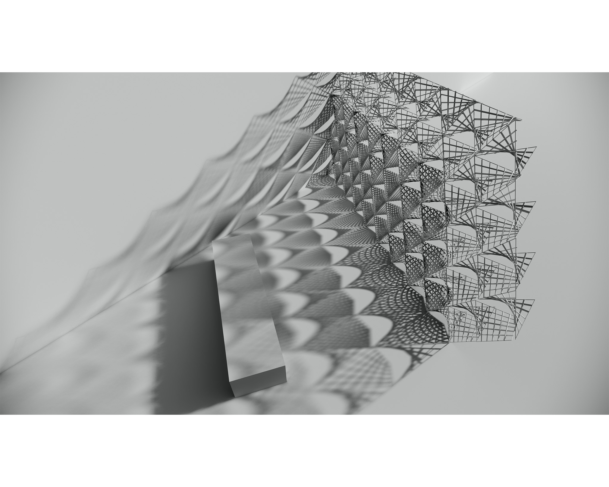 Digital rendering of a complex geometric structure casting intricate shadows on a flat surface, showcasing architectural pattern and light interaction.