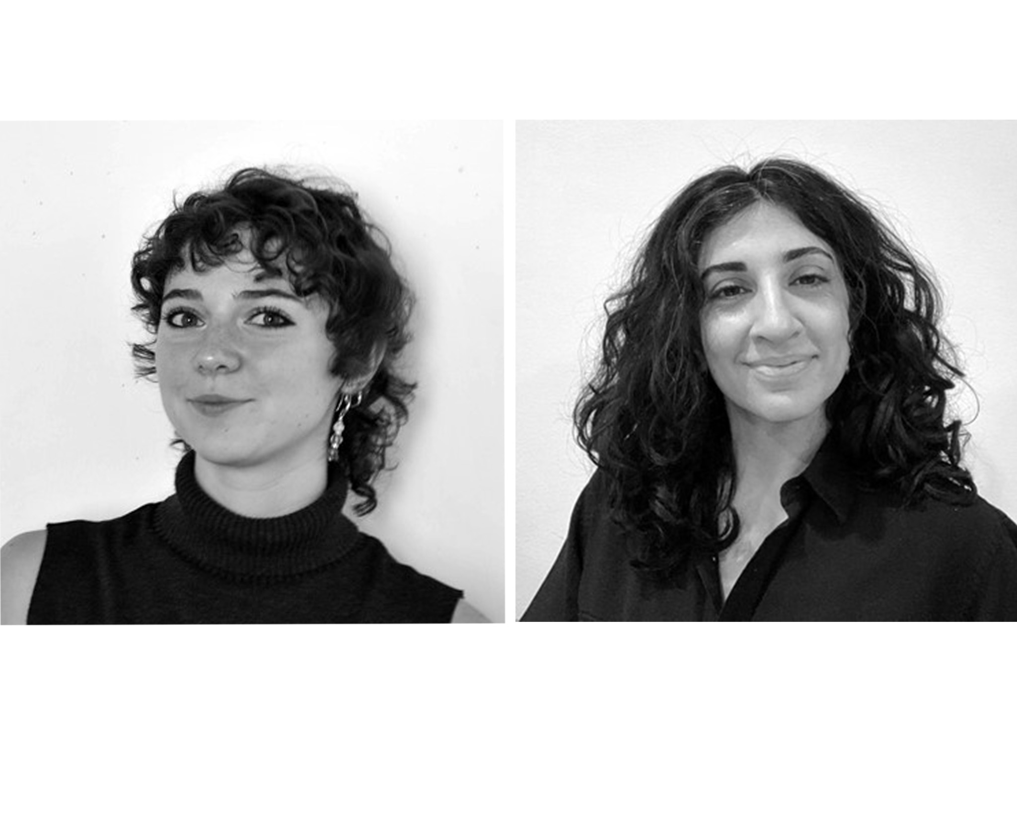 Black and white portraits of two individuals side by side. On the left, a person with short curly hair wearing a sleeveless turtleneck and dangling earrings, smiling slightly. On the right, a person with long curly hair wearing a button-up shirt, also smiling gently.