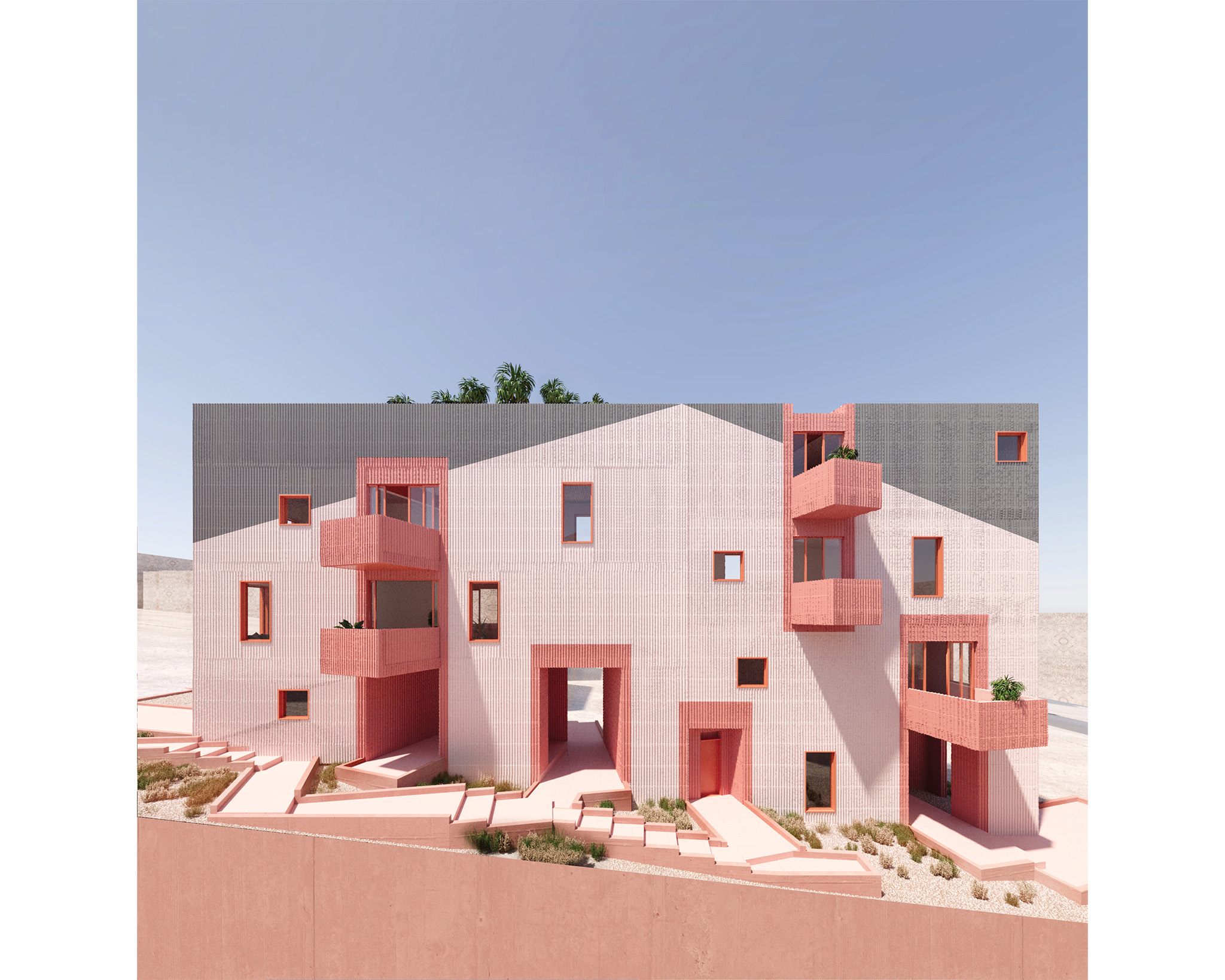 A modern, geometric apartment building with a pink and gray facade, featuring angular balconies and a central archway entrance.