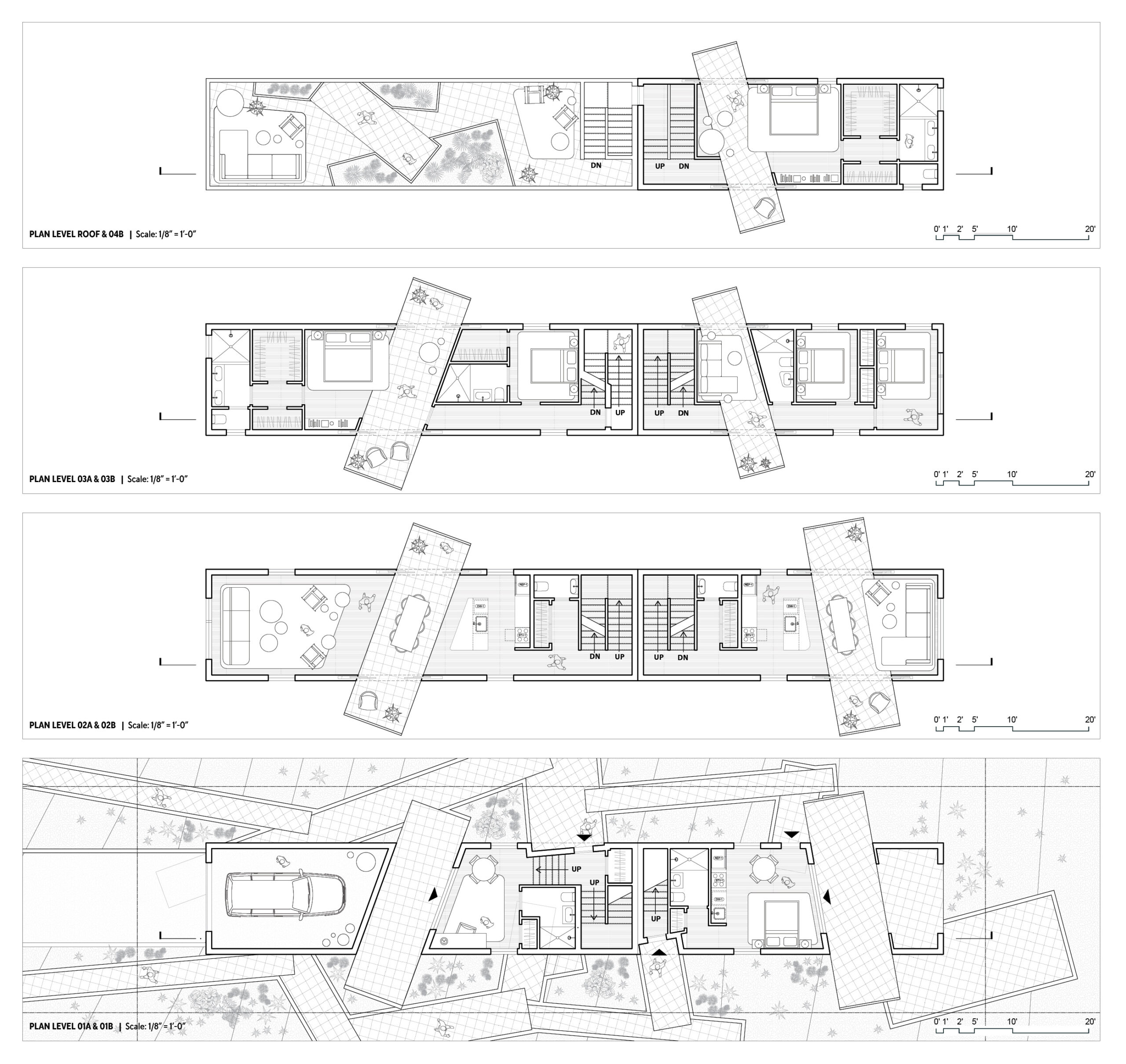 Architectural floor plans showing four stacked levels of a narrow multi-unit residential building, each with detailed layouts, furnishings, and circulation paths.