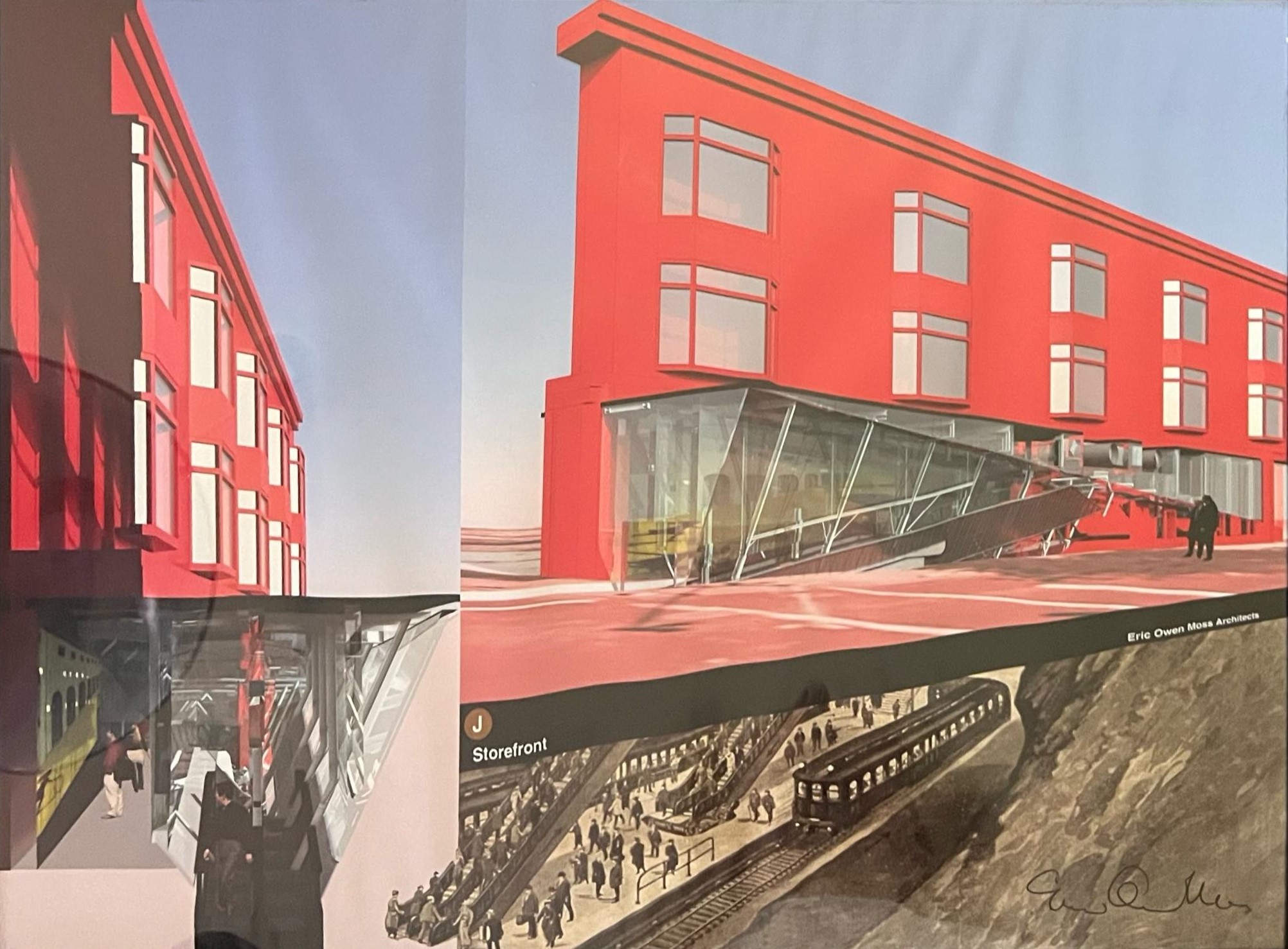 A conceptual architectural rendering by Eric Owen Moss Architects shows a vivid red building with a dramatic glass entryway and an underground subway entrance merging into a historic train scene.