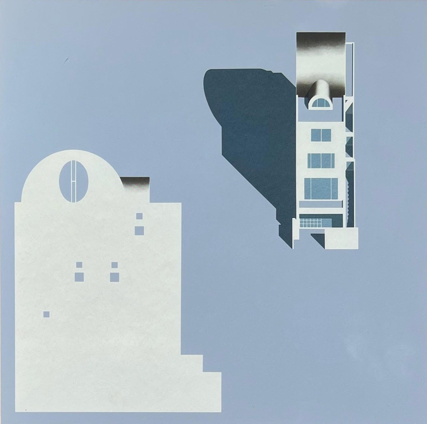 A minimal architectural drawing by Arata Isozaki features a stark white elevation and section of a building set against a pale blue background, with dramatic shadow play highlighting a domed roof and geometric window openings.