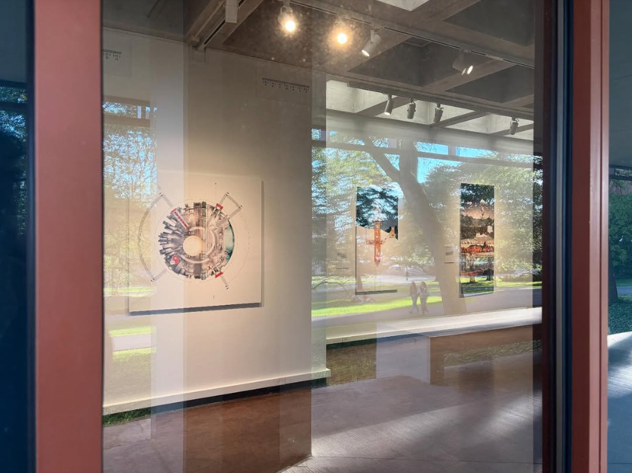 View of art gallery through a window.