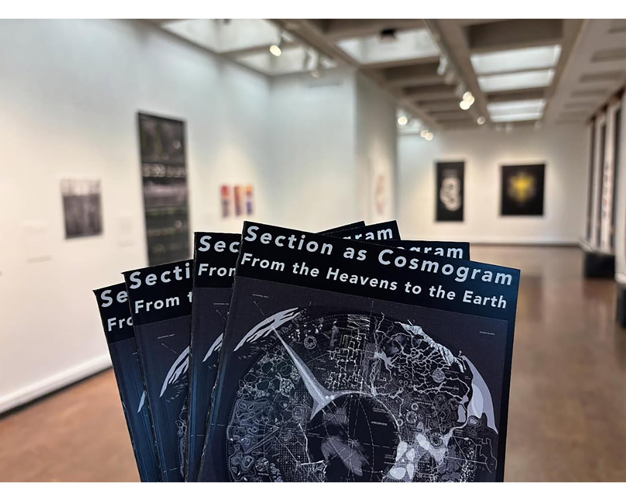 A person holds several exhibition brochures titled Section as Cosmogram: From the Heavens to the Earth in front of artwork displayed in a gallery space.