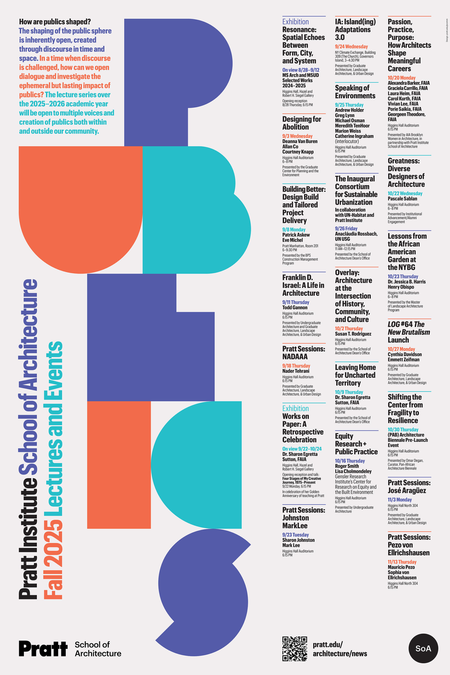 Colorful Pratt School of Architecture Fall 2025 Lecture Series poster listing events and exhibitions described in the article.