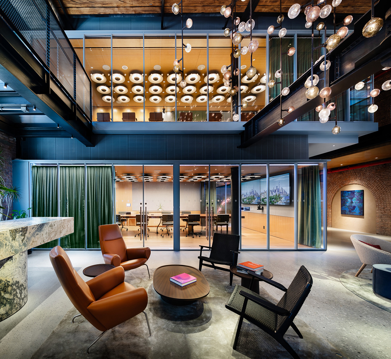 View of office interior toward tower