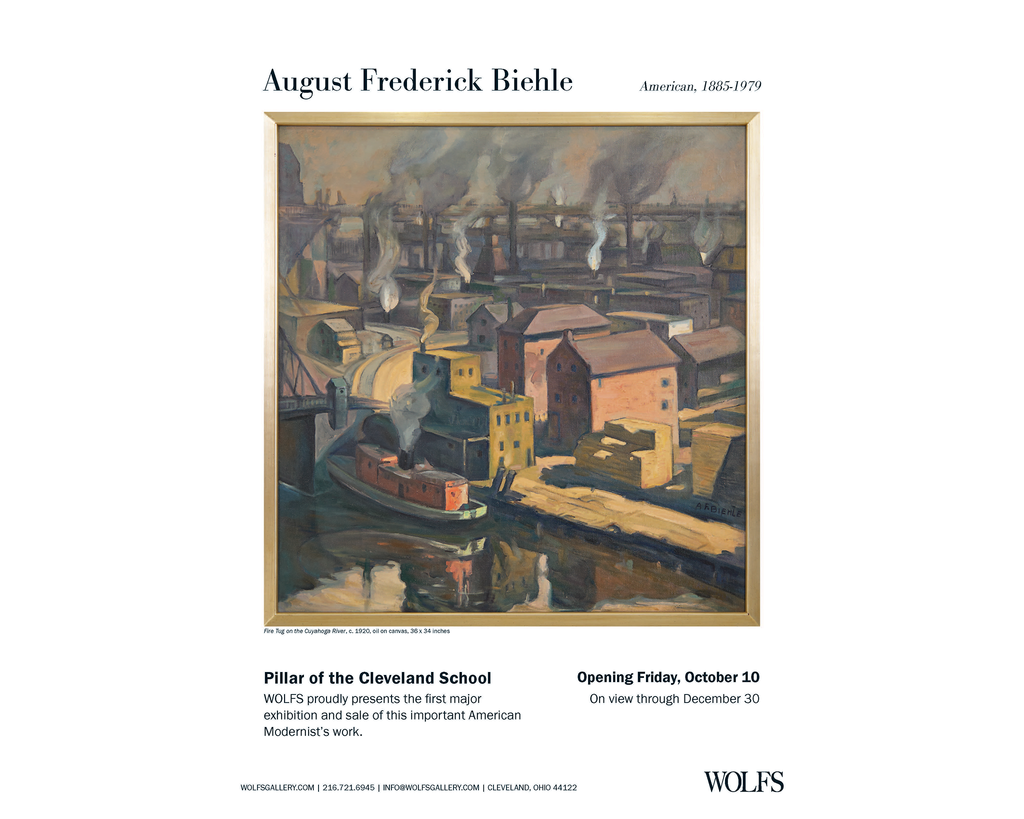 Exhibition announcement about August Frederick Biehle, featuring a painting of a cityscape.