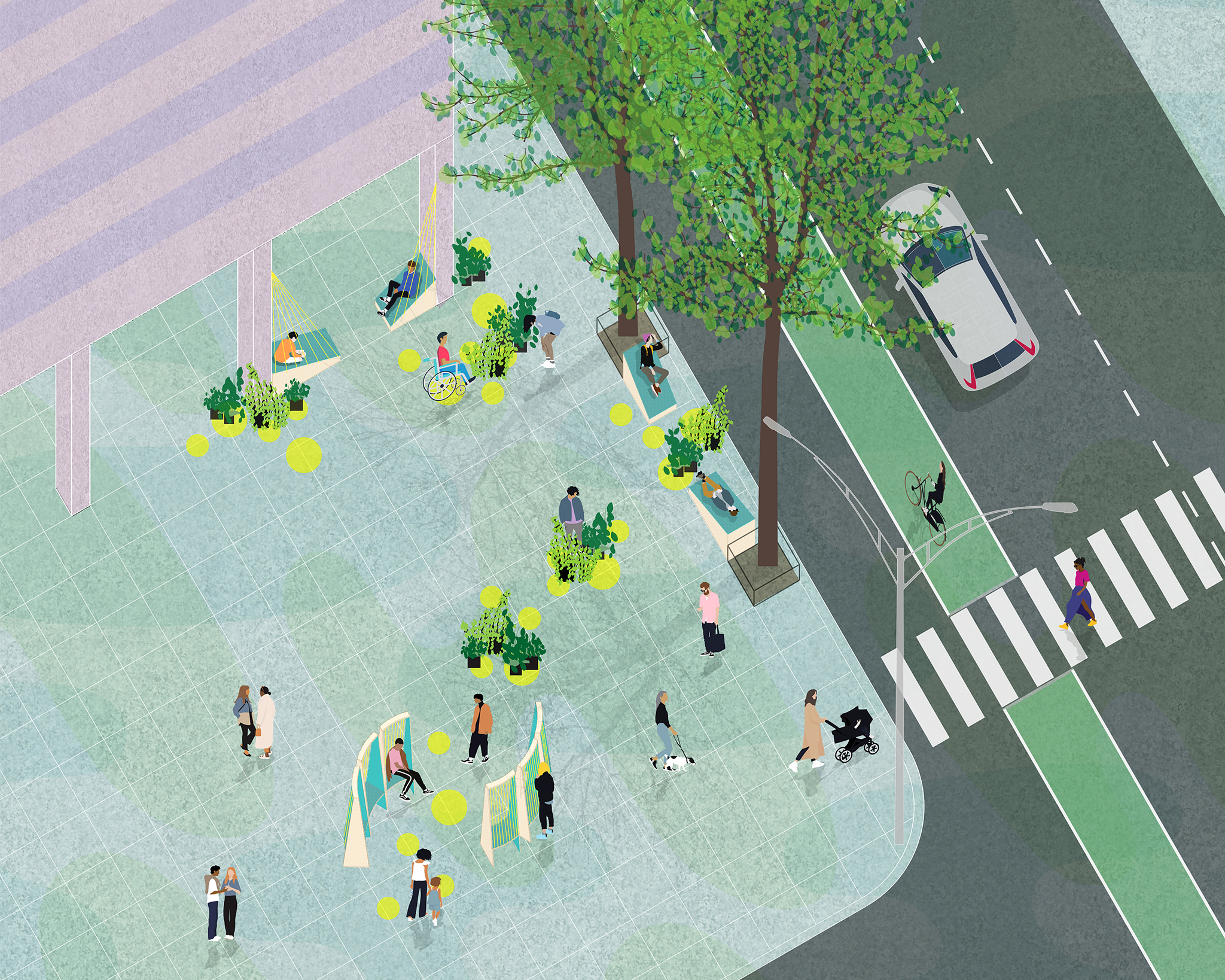 A stylized render of a streetscape corner in lower Manhattan, activated with wood and rubber elements, planting, and bright green dots on the ground.