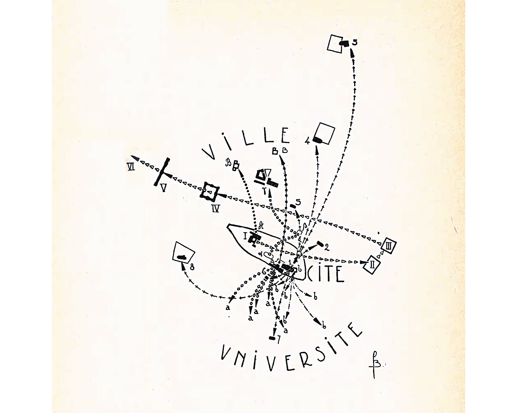 Abstract black-and-white diagram showing dotted directional lines connecting labeled shapes between the words