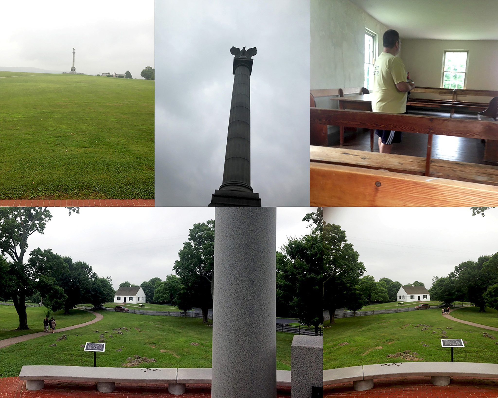 A collage of images showcasing a grassy landscape with a tall monument in the distance, a close-up view of the monument featuring an eagle on top, and the interior of a room with a person standing. Other images display a pathway lined with trees leading to white buildings, along with an informational sign. The sky is overcast, suggesting a cloudy day.