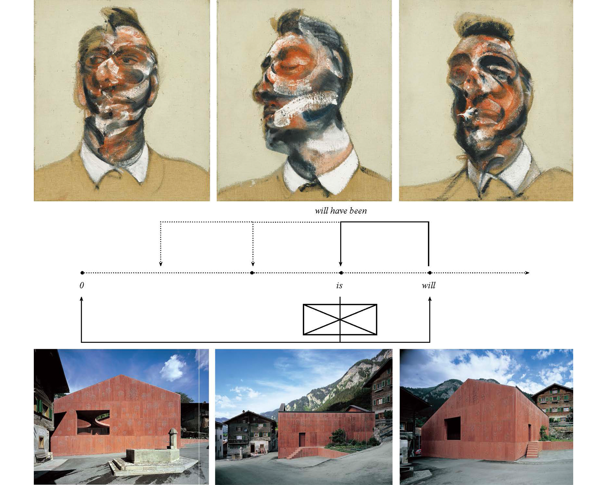 Three abstract portraits of a man occupy the top row, illustrating variations of his face using bold colors and distorted features. Below is a diagram depicting a timeline with labels. The bottom row features four images of a modern, rust-colored building with geometric designs and surrounding landscapes, showing different perspectives and contexts of the structure.