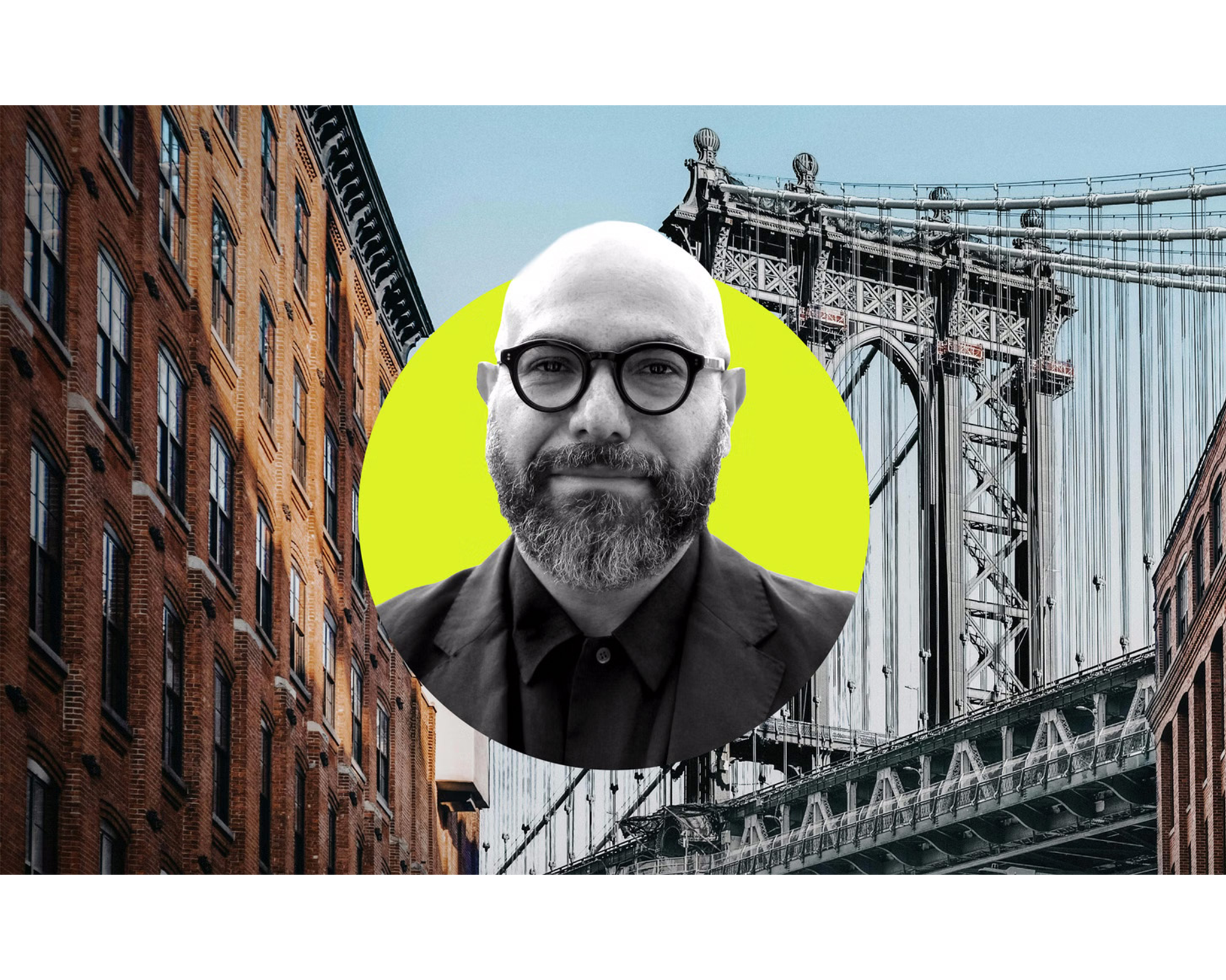 A black-and-white portrait of a bearded person with glasses is overlaid on a bright yellow circle with the Manhattan Bridge and surrounding brick buildings in the background.