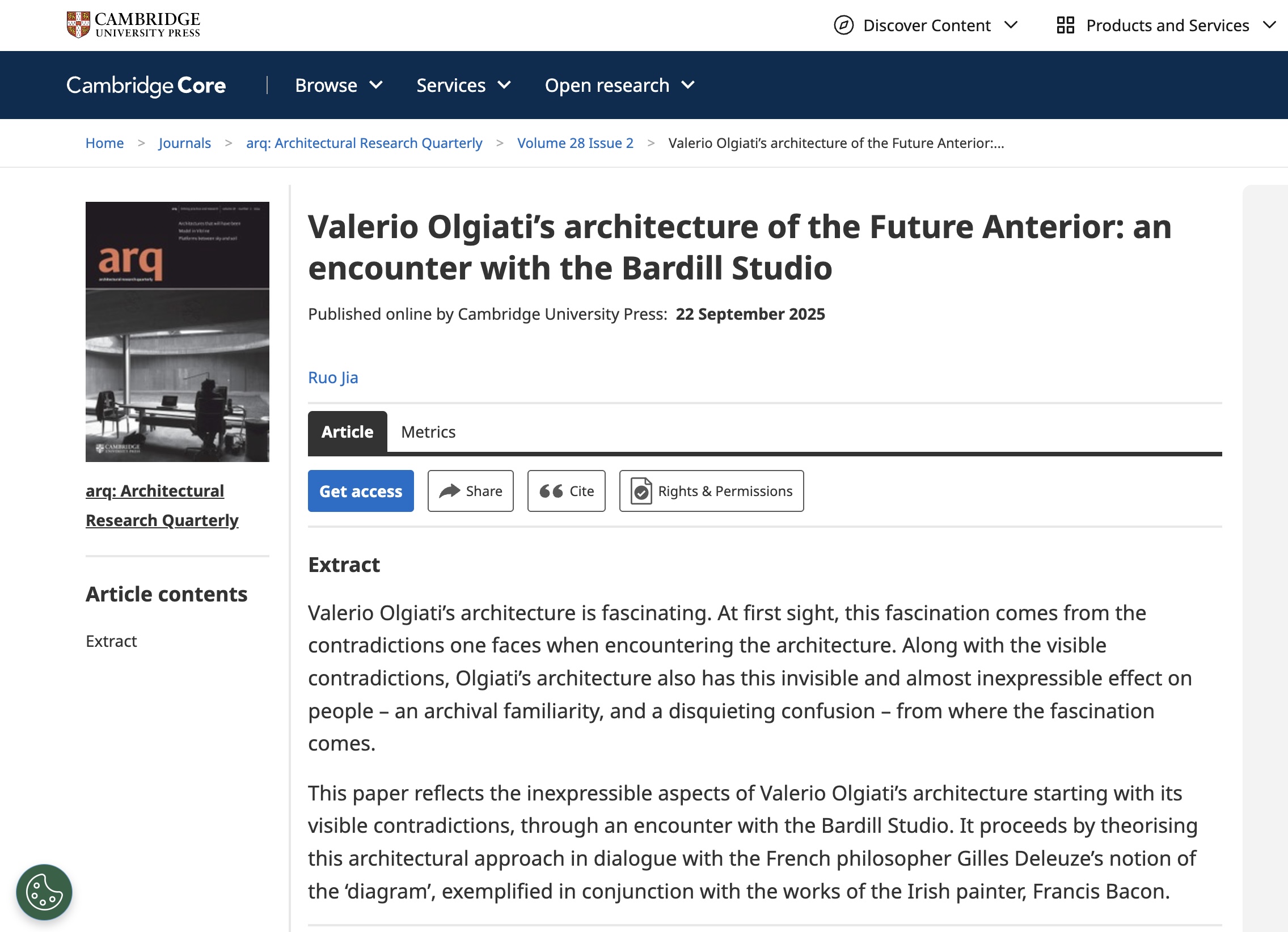 A webpage from Cambridge University Press featuring an article titled "Valerio Olgiati’s architecture of the Future Anterior: an encounter with the Bardill Studio." It is published in the journal "arq: Architectural Research Quarterly" on September 22, 2025. The article discusses the contradictions in Olgiati's architecture and its effects on perception, drawing on philosophical themes and historical context. The page includes options for accessing the article, sharing, and citing.