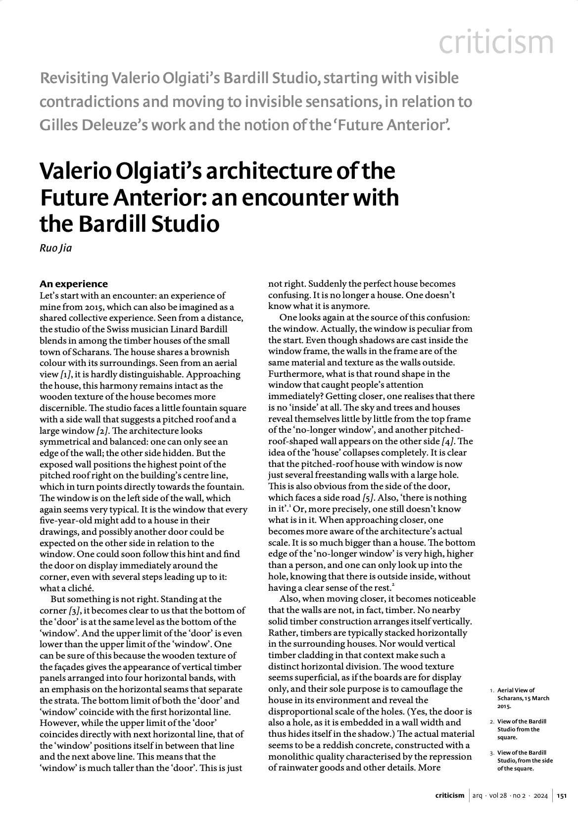 The text discusses Valerio Olgiati’s Bardill Studio, exploring its architectural elements and the perceptual confusion they evoke. It describes the studio's integration with its environment, the unique design of the large window, and how it challenges traditional notions of a house. The narrative emphasizes the complexities of viewing architecture up close, with insights on materiality and the interaction between the building and its surroundings.