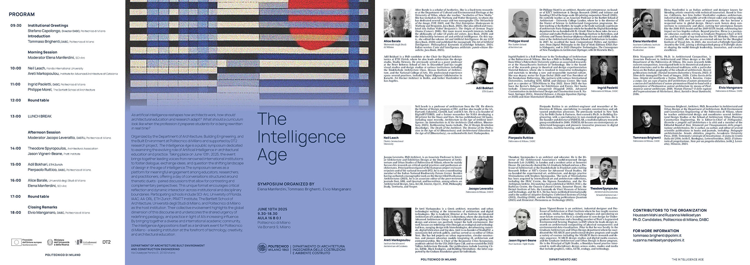 A multi-color brochure with The Intelligence Age graphic and speaker biographies.