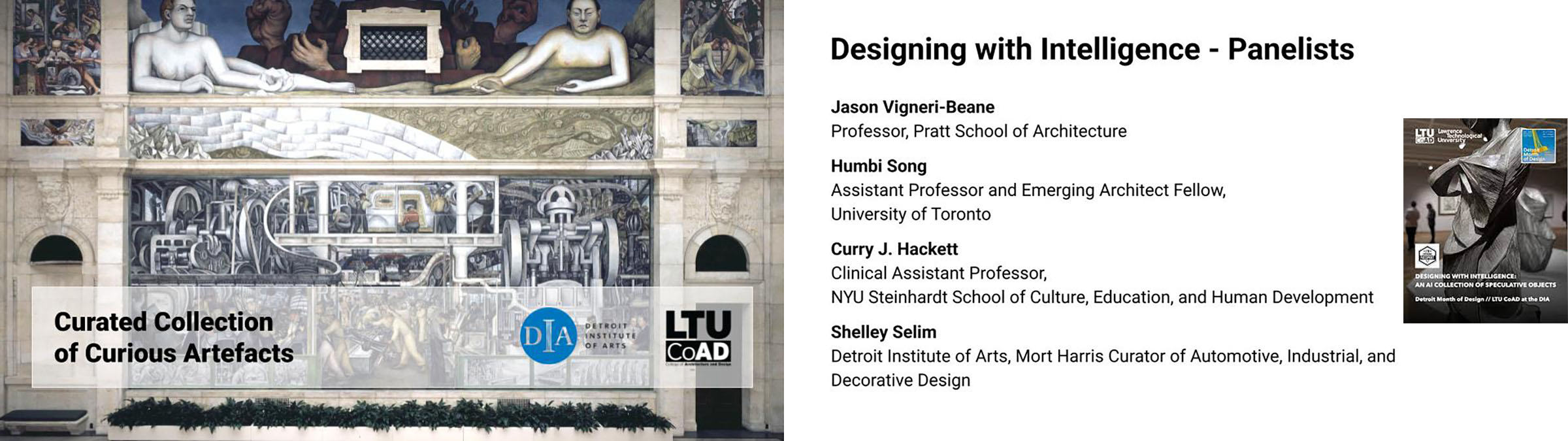 A flier for Designing with Intelligence with a frescoed wall and speaker names.