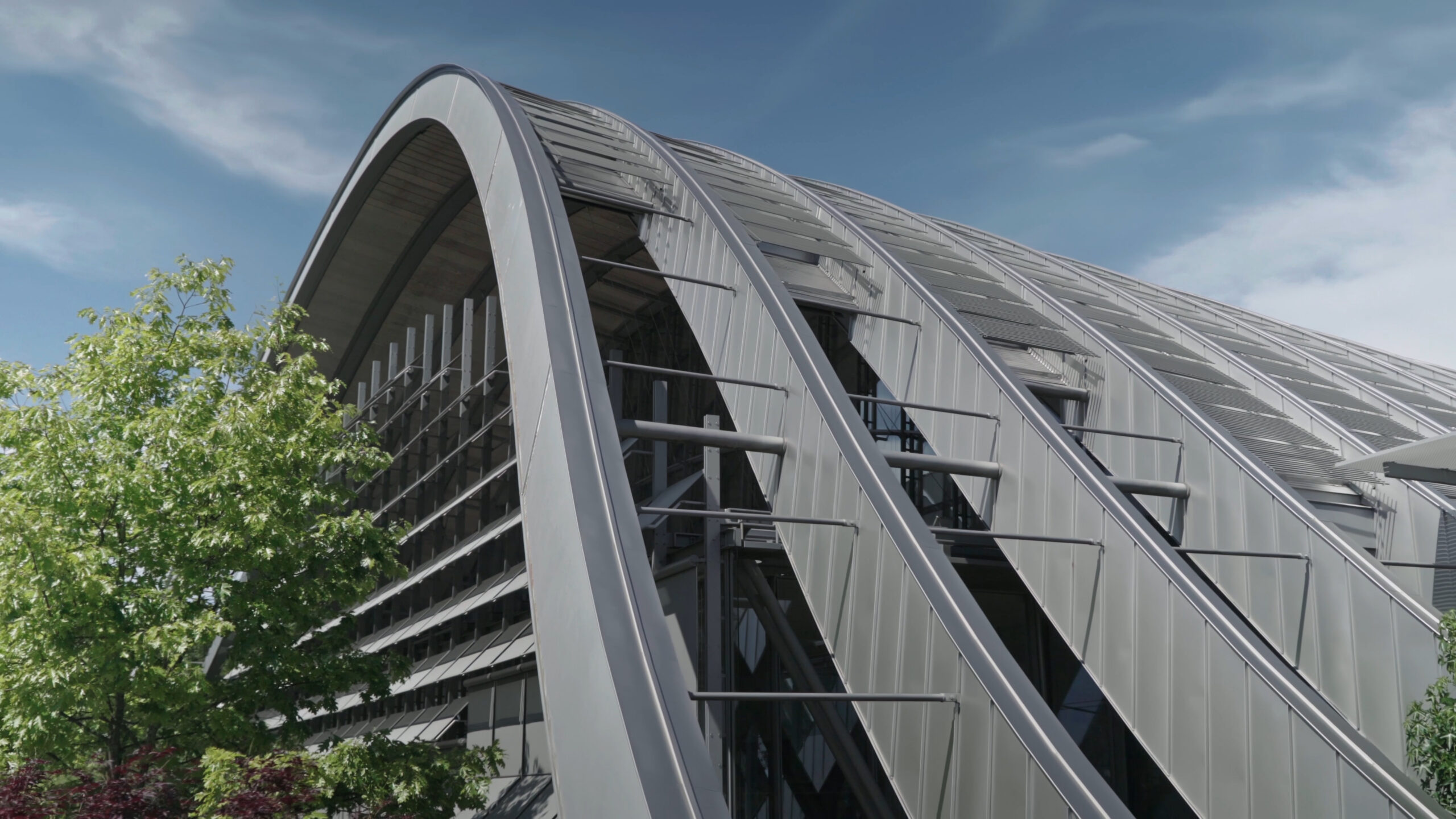 Detail shot of a gray concrete building against a blue sky background with a tree on the left.