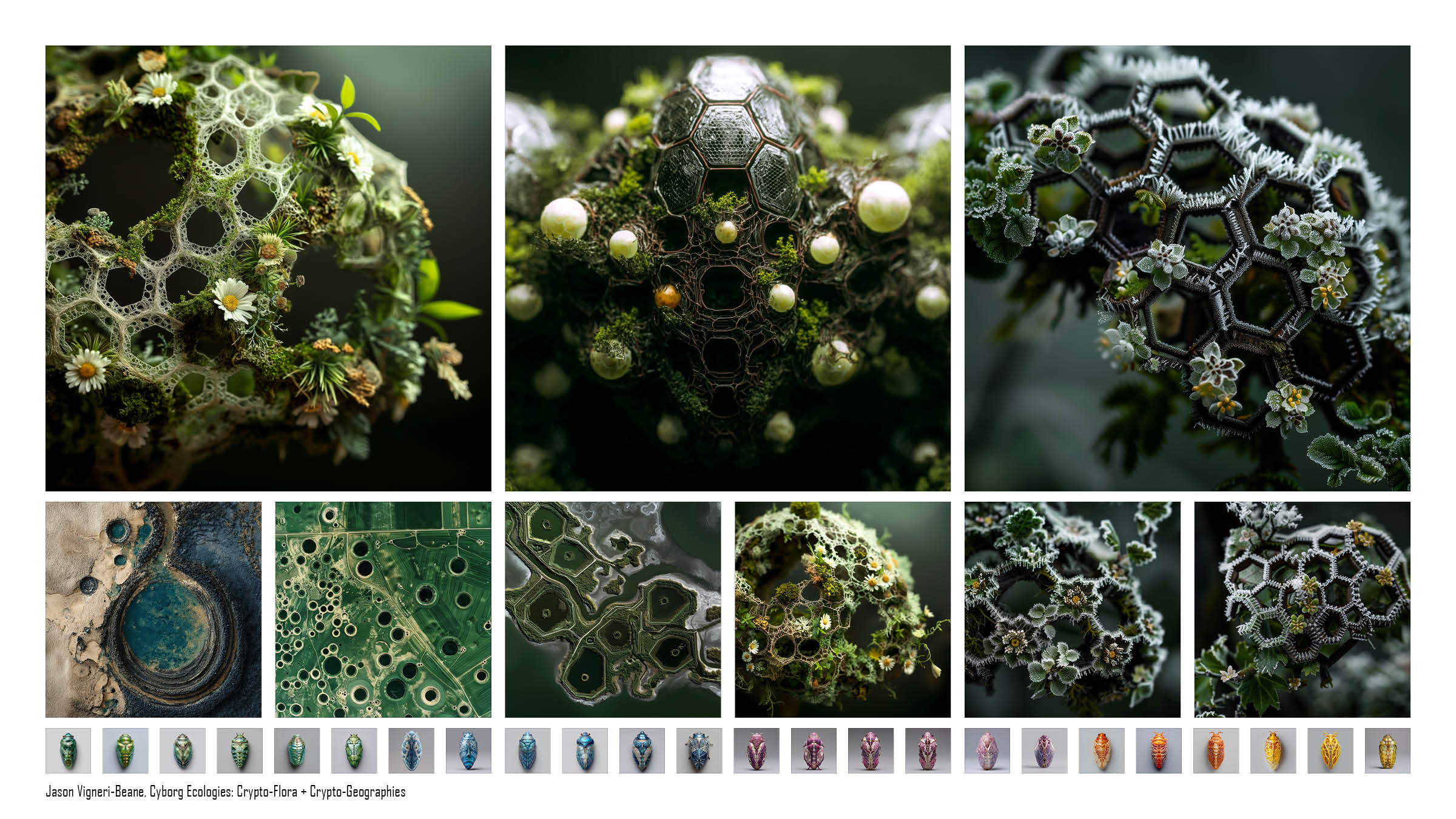 A grid of close up imagery of synthetic plants and landscapes.