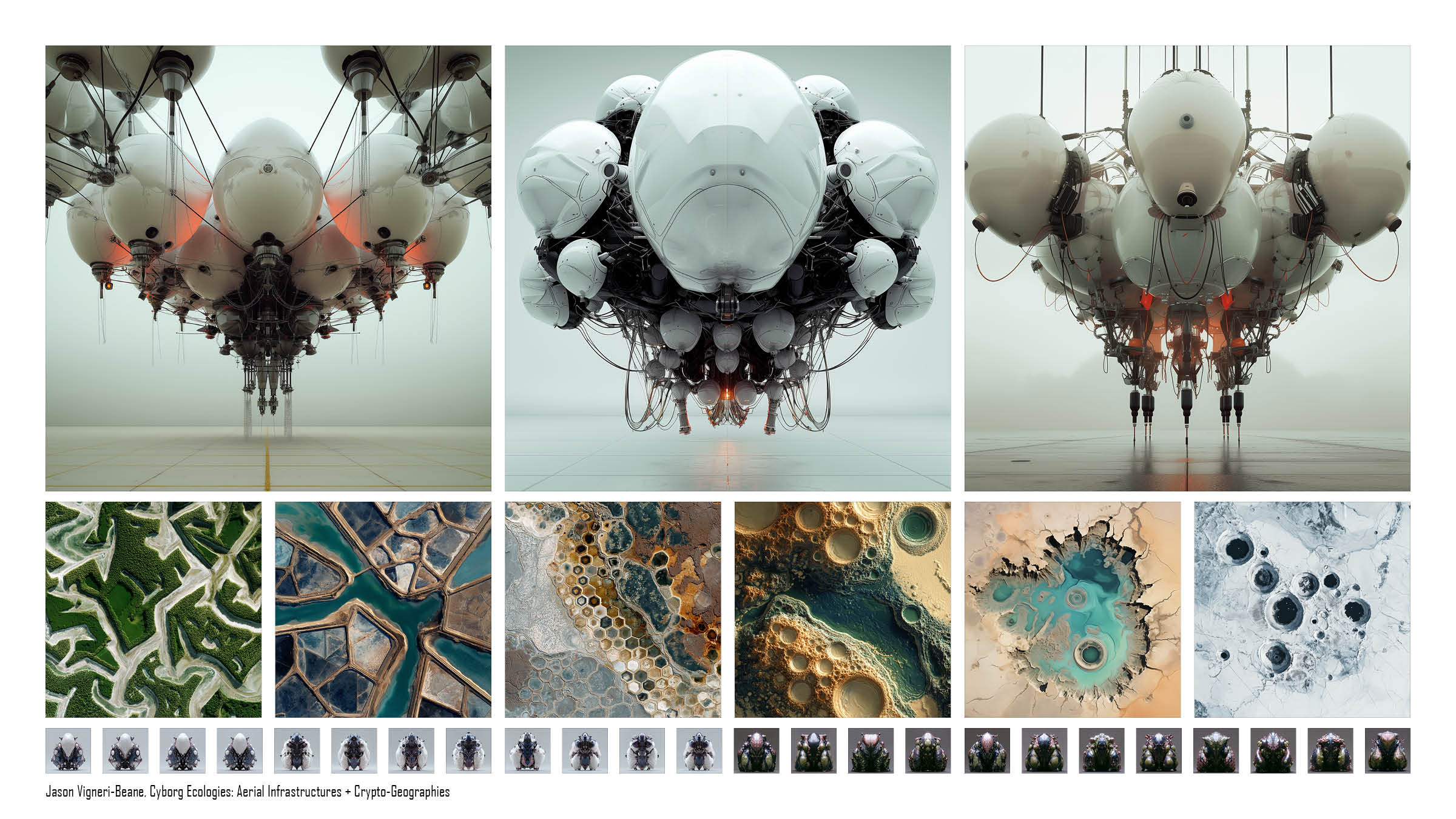 A grid of images of large aerial structures and landscapes.