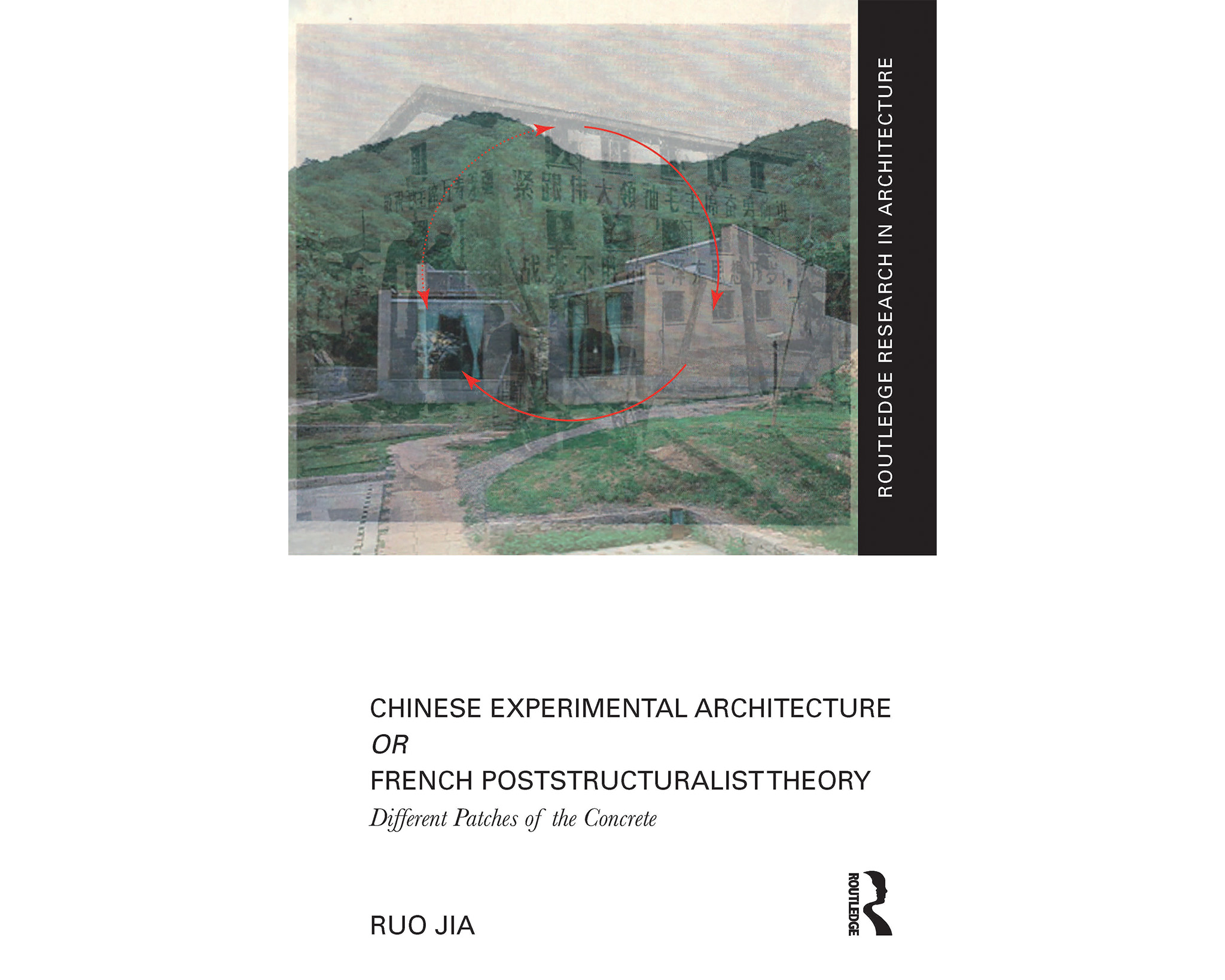 The image features a book cover with a layered background image of a building surrounded by greenery and mountains. Text overlays include the title