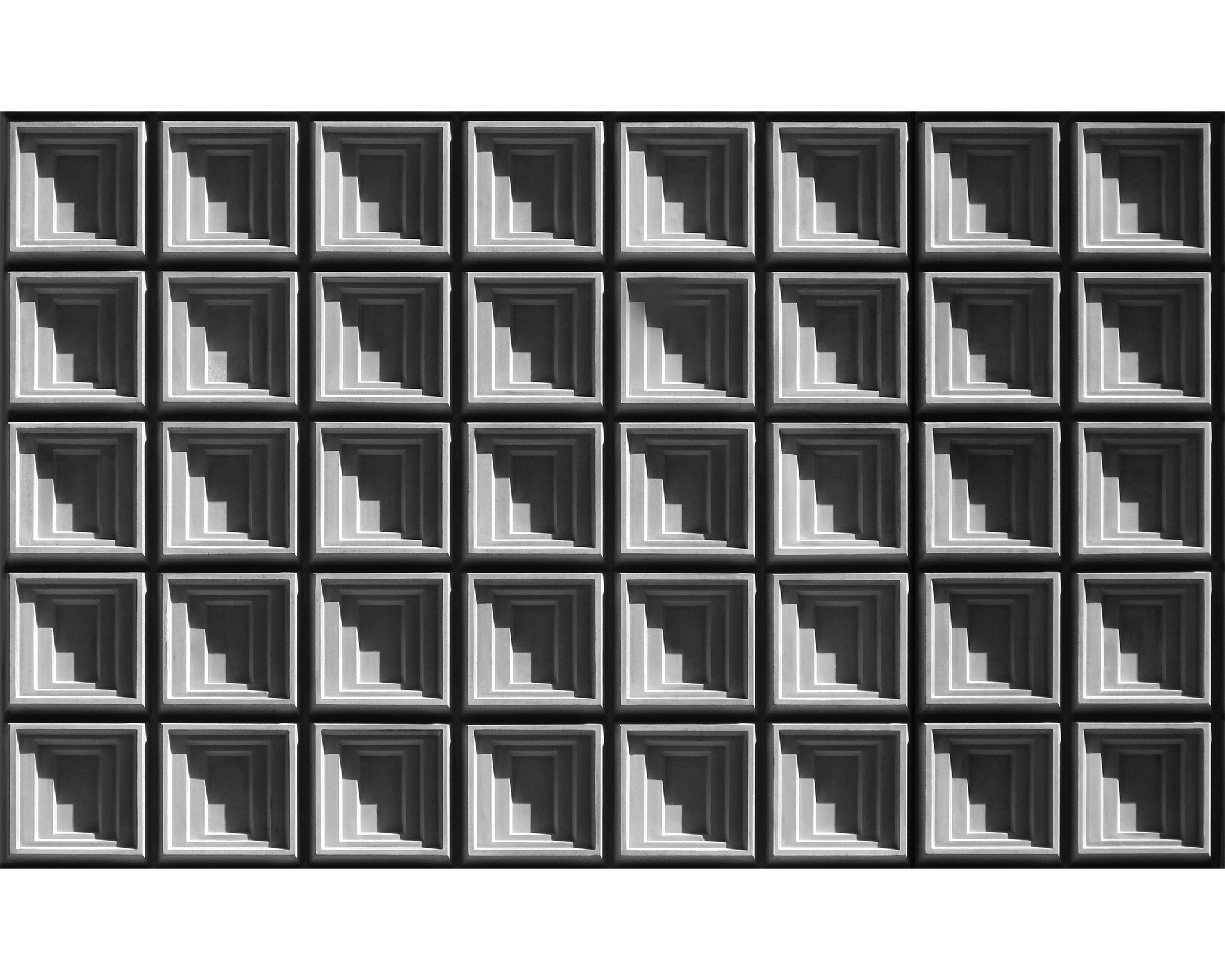 A grid of 40 square three-dimensional blocks, arranged in 8 rows and 5 columns. Each block has a recessed square design that creates shadowed layers, emphasizing depth and dimension. The image is presented in black and white, highlighting the geometric shapes and contrasts between light and shadow.