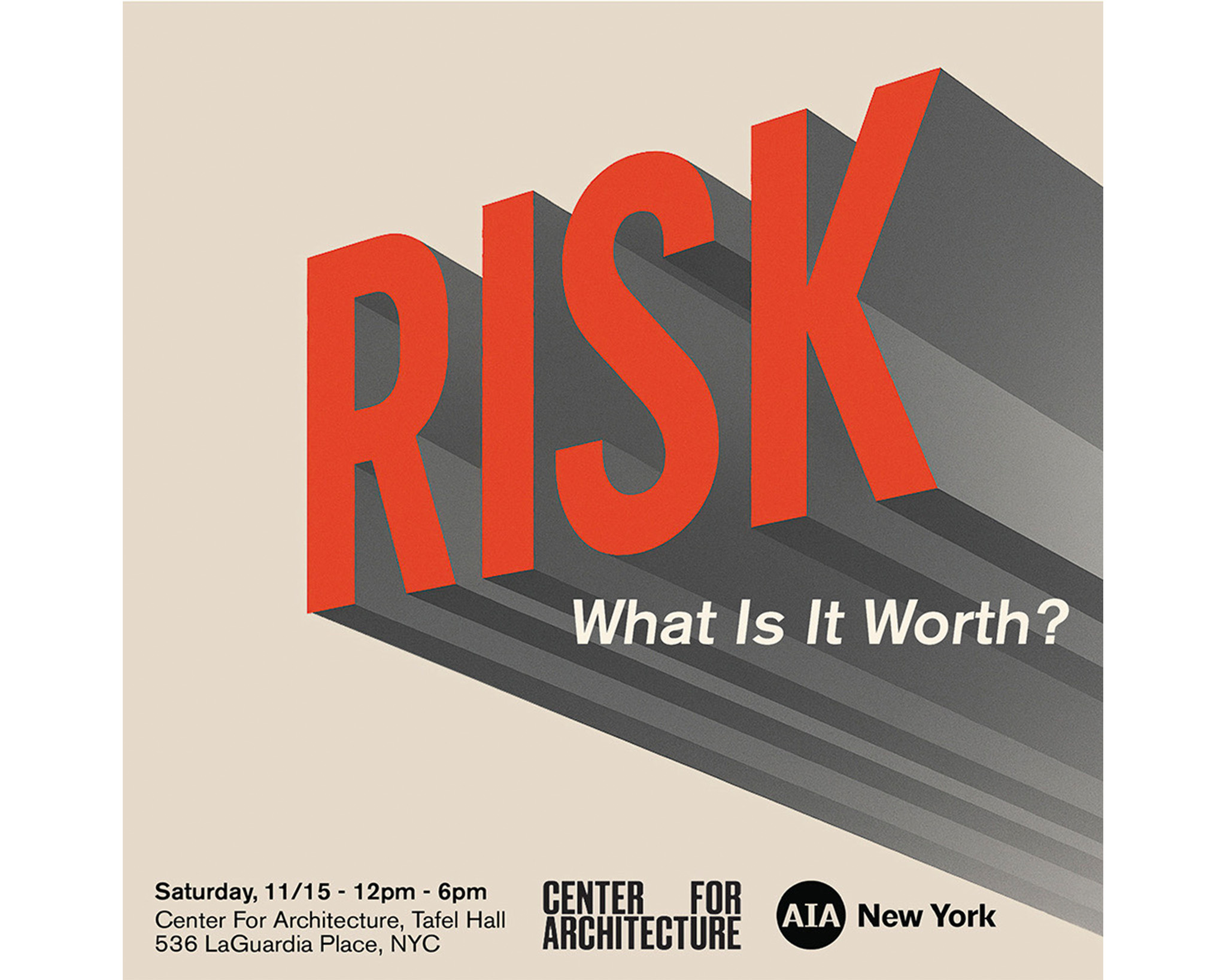 Red text on a beige and grey background saying 