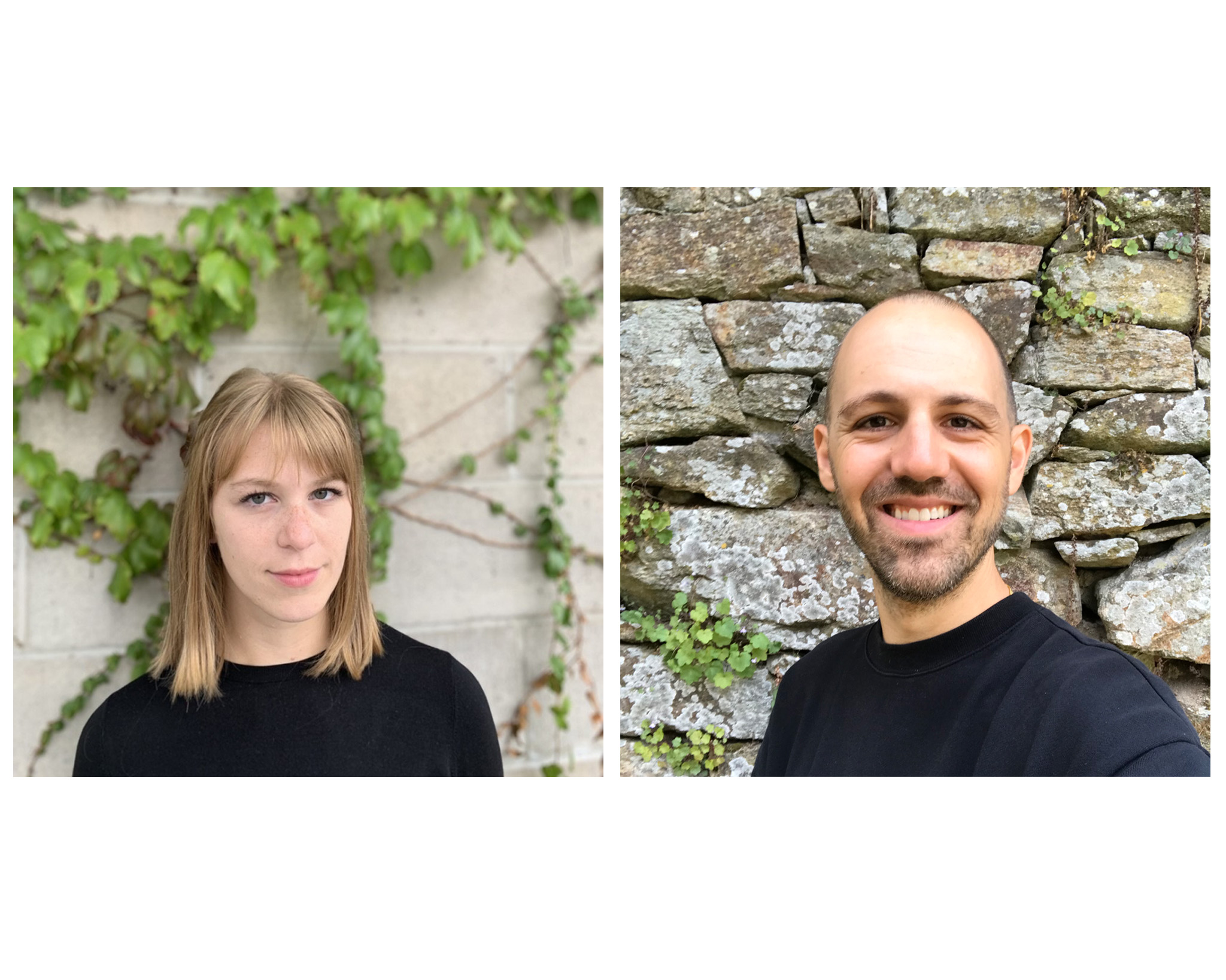 A split image featuring two individuals. On the left, a young woman with straight blonde hair and wearing a black shirt stands in front of a wall partially covered with green vines. She has a serious expression. On the right, a man with a shaved head and beard smiles while wearing a black shirt, standing in front of a rustic stone wall with small green plants growing in the cracks.